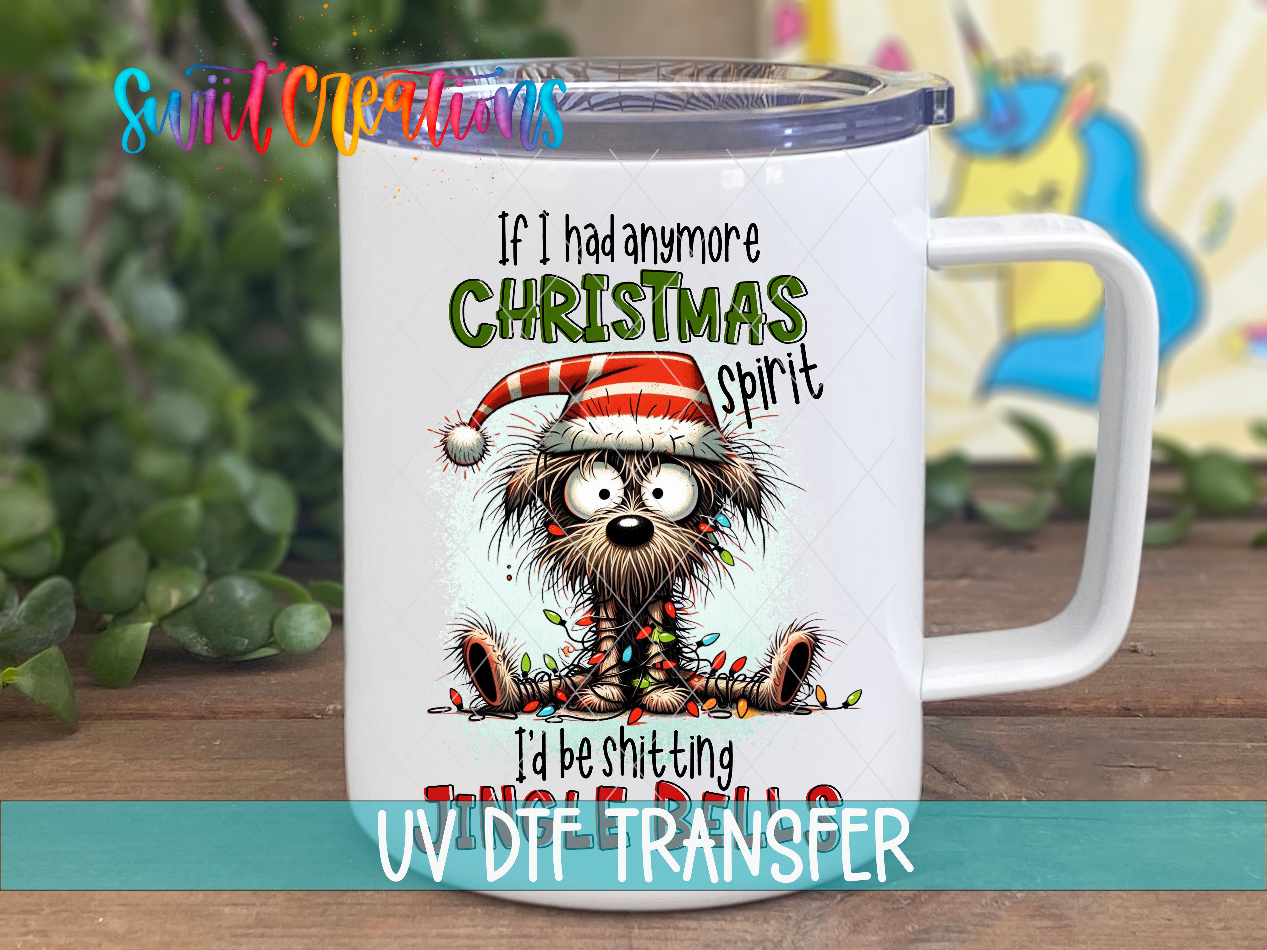 A mug with a cartoon image of a dog wearing a Santa hat and a Christmas-themed design.