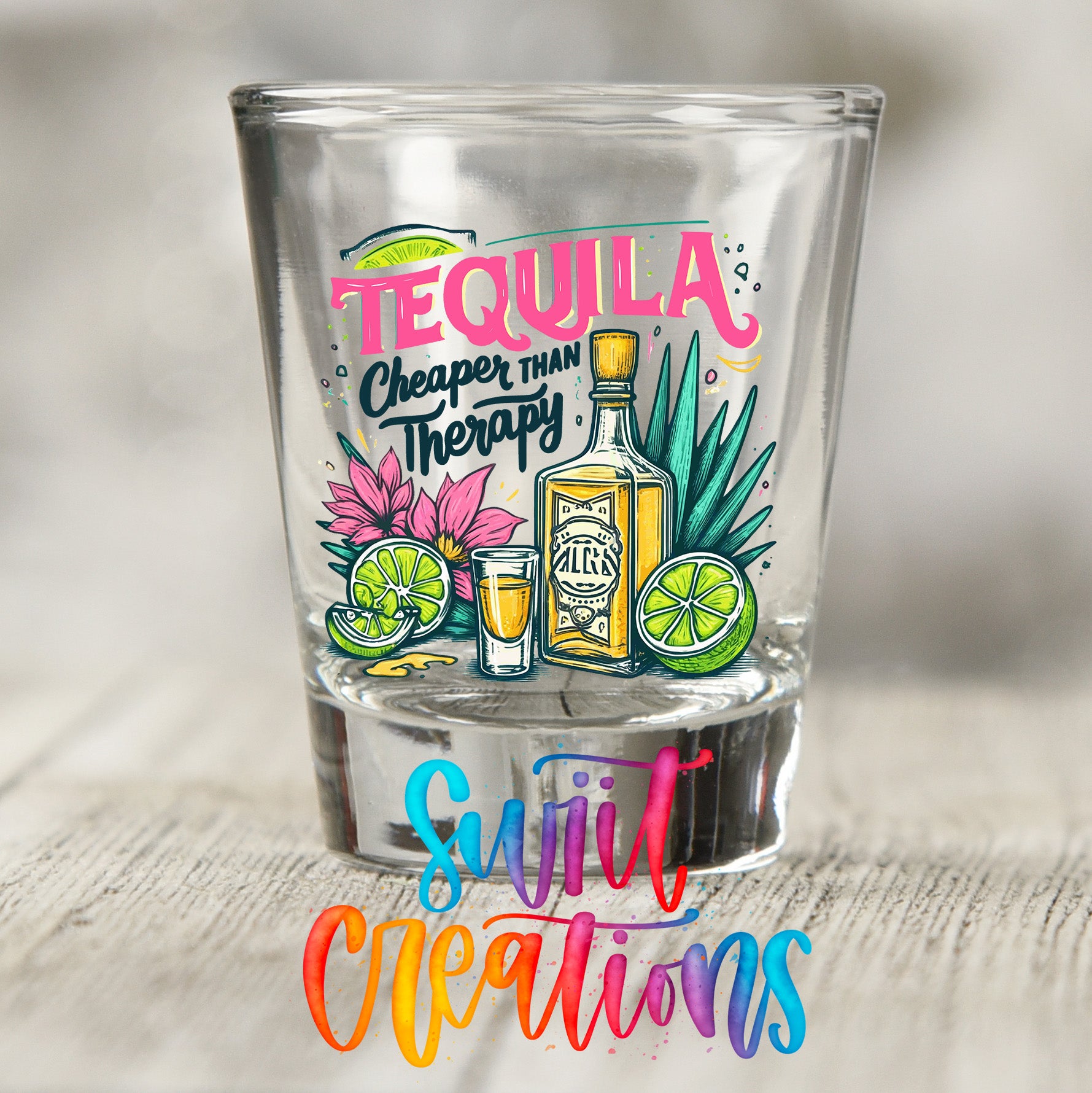 A shot glass with a colorful graphic design featuring a tequila bottle, lime slices, and flowers, along with the text "TEQUILA Cheaper than Therapy" and "Suite Creations".