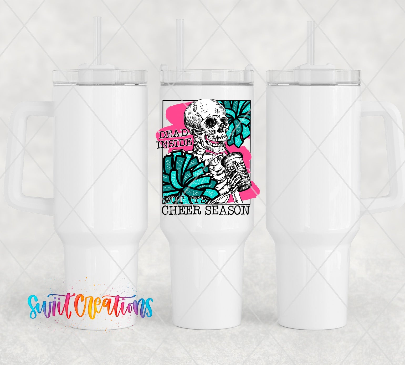 a white tumbler cup with a skull on it