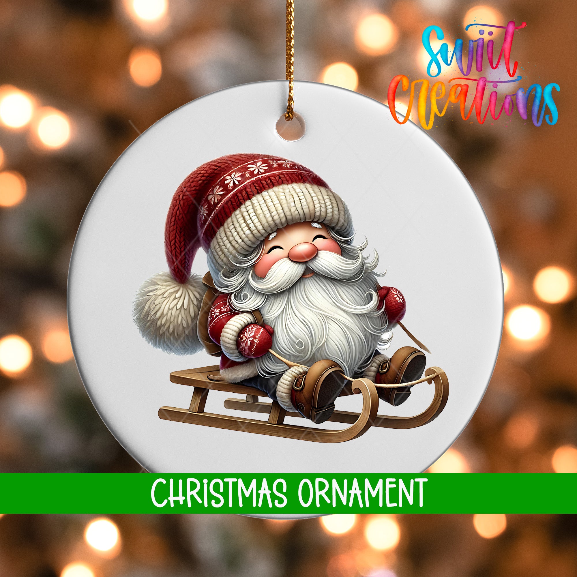 A white Christmas ornament featuring a smiling Santa Claus riding a sled, with a blurred background of Christmas lights.