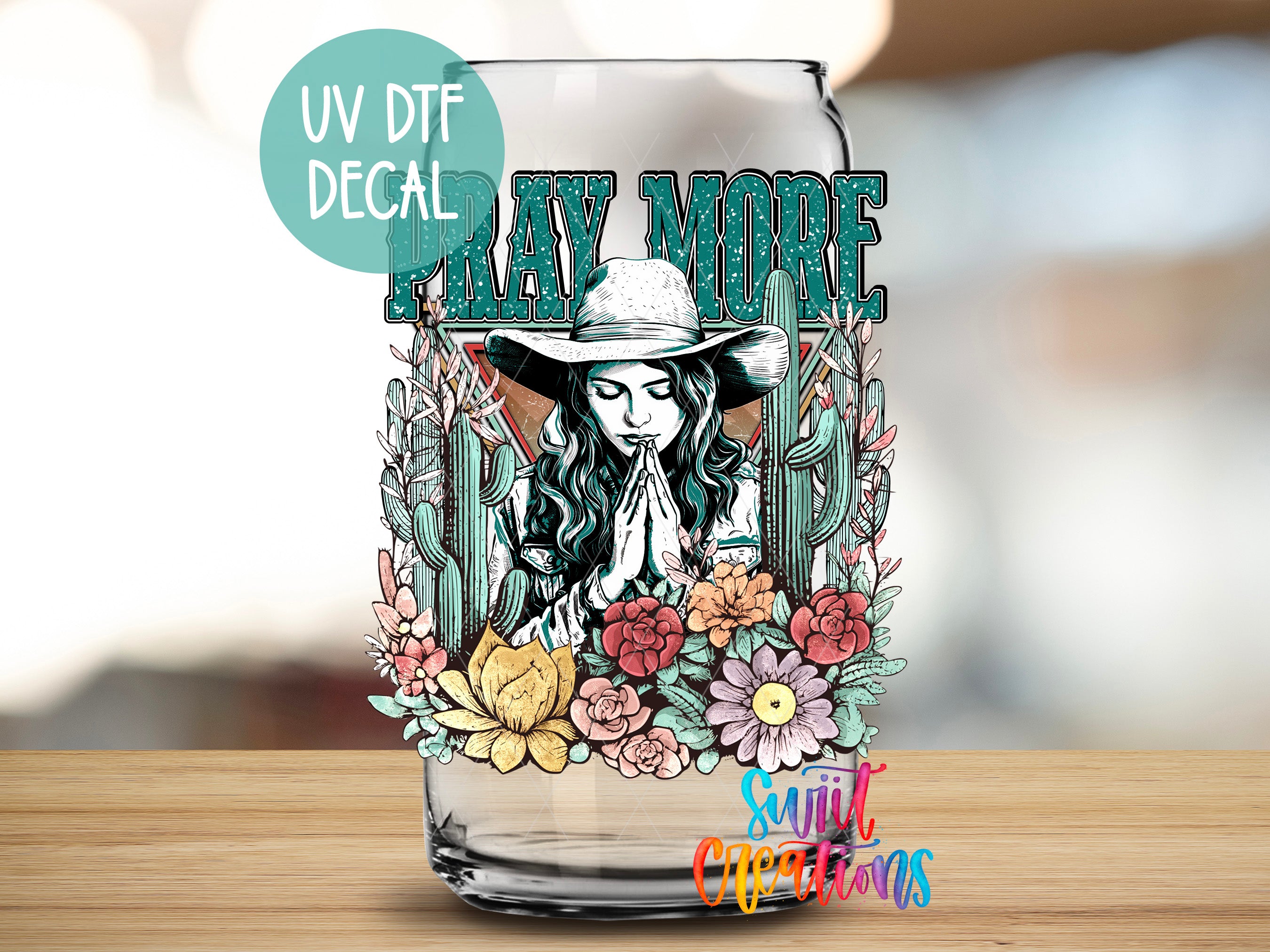 a glass with a picture of a woman wearing a hat