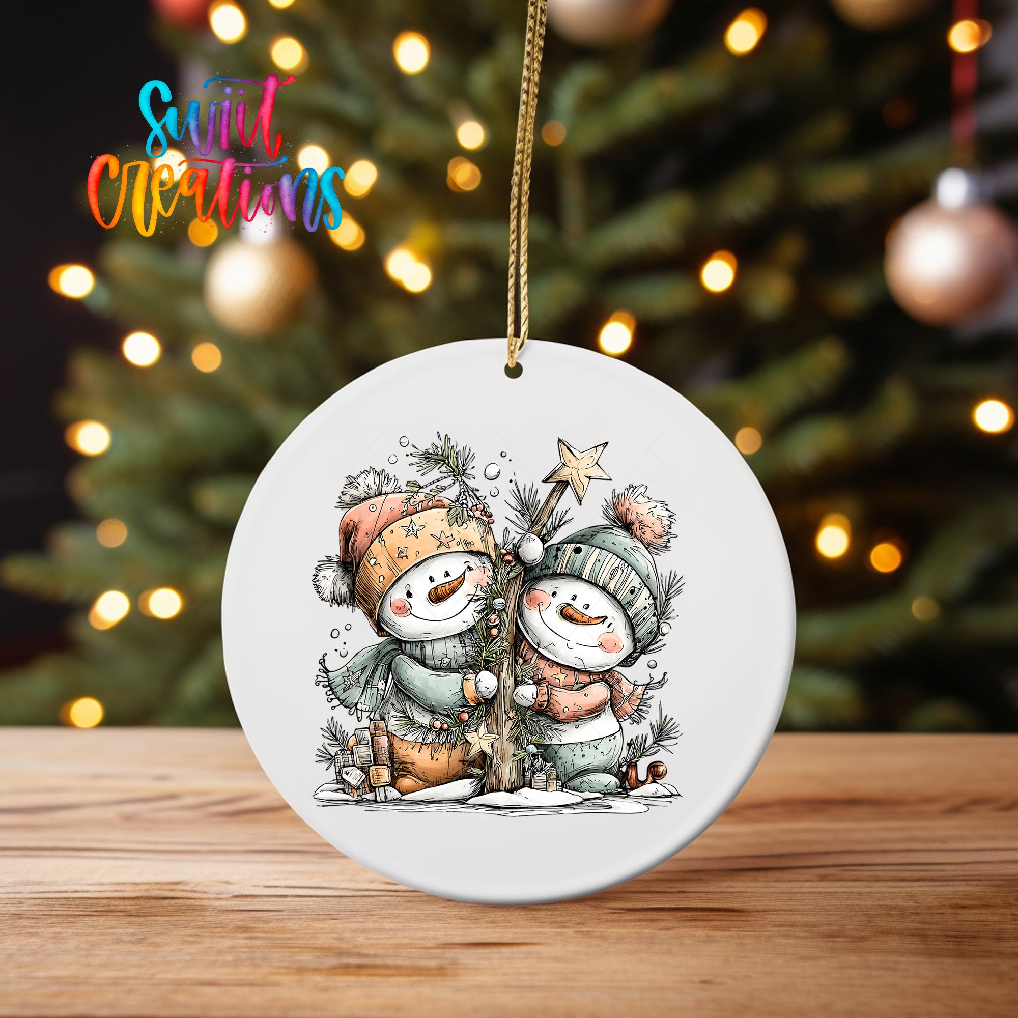 A white ornament featuring two snowmen, one wearing a green hat and the other a red hat, standing next to a tree.