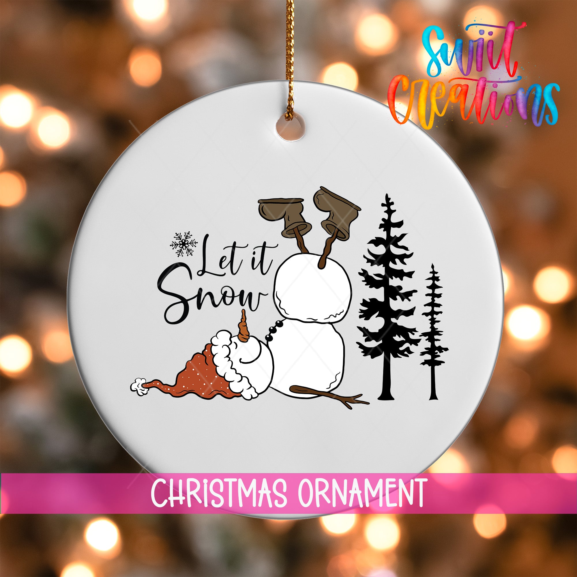 A white Christmas ornament with a snowman and trees, along with the text "Let it Snow" and "Christmas Ornament".
