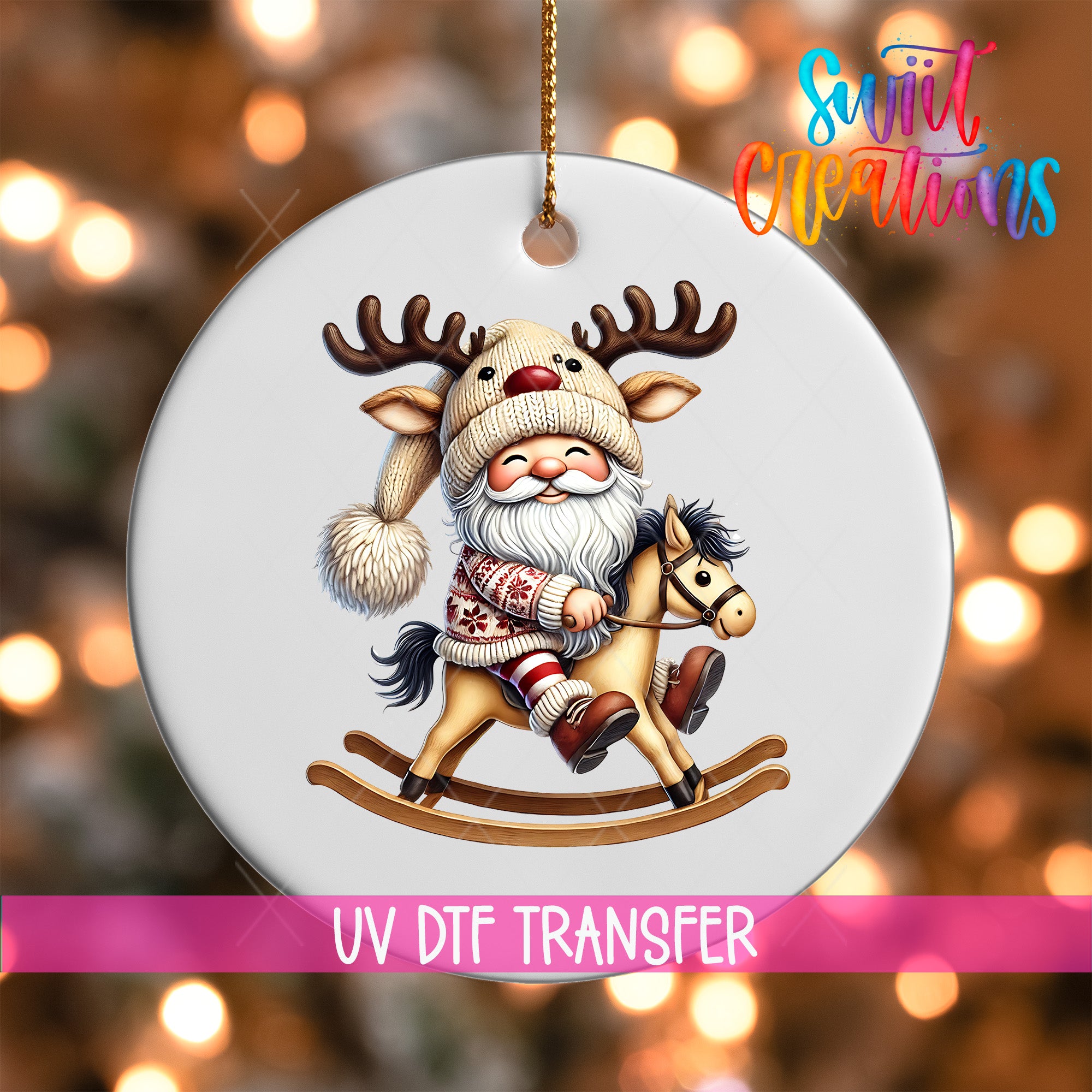 A white ornament with a Santa Claus figure riding a rocking horse, with a text overlay that says "UV Dtf Transfer".