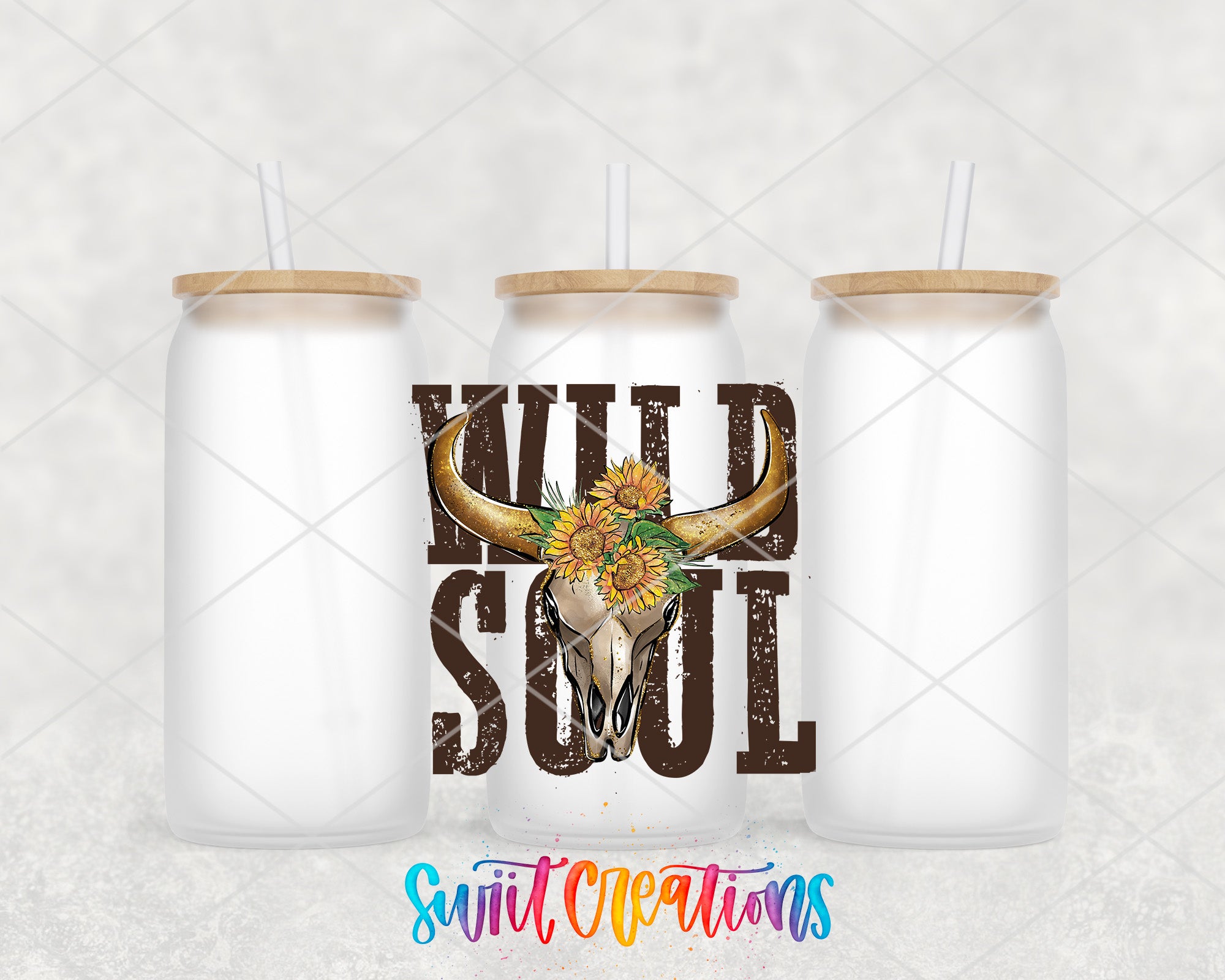 two mason jars with a bull skull and wild soul on them