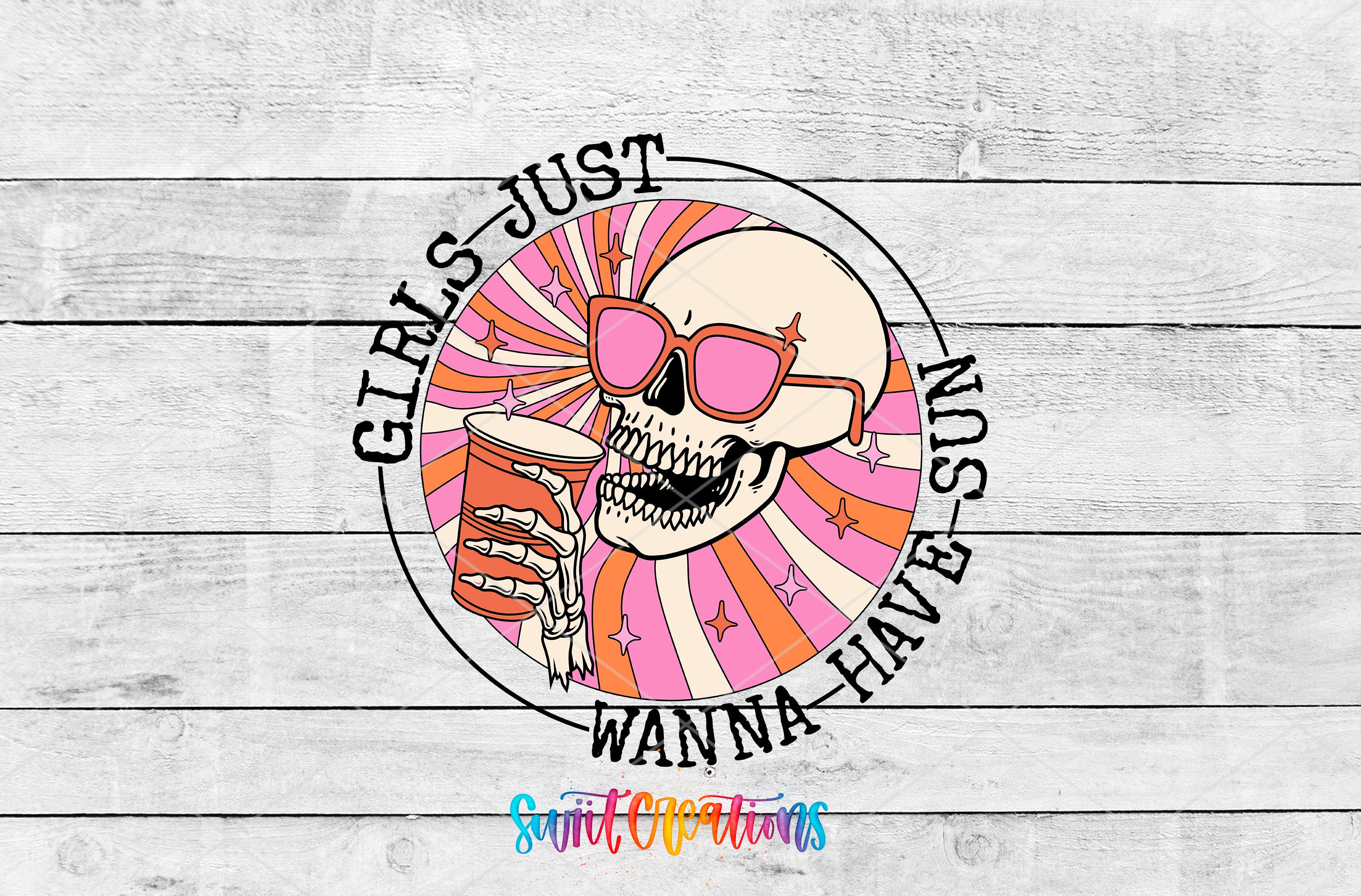 a sticker with a skull holding a drink