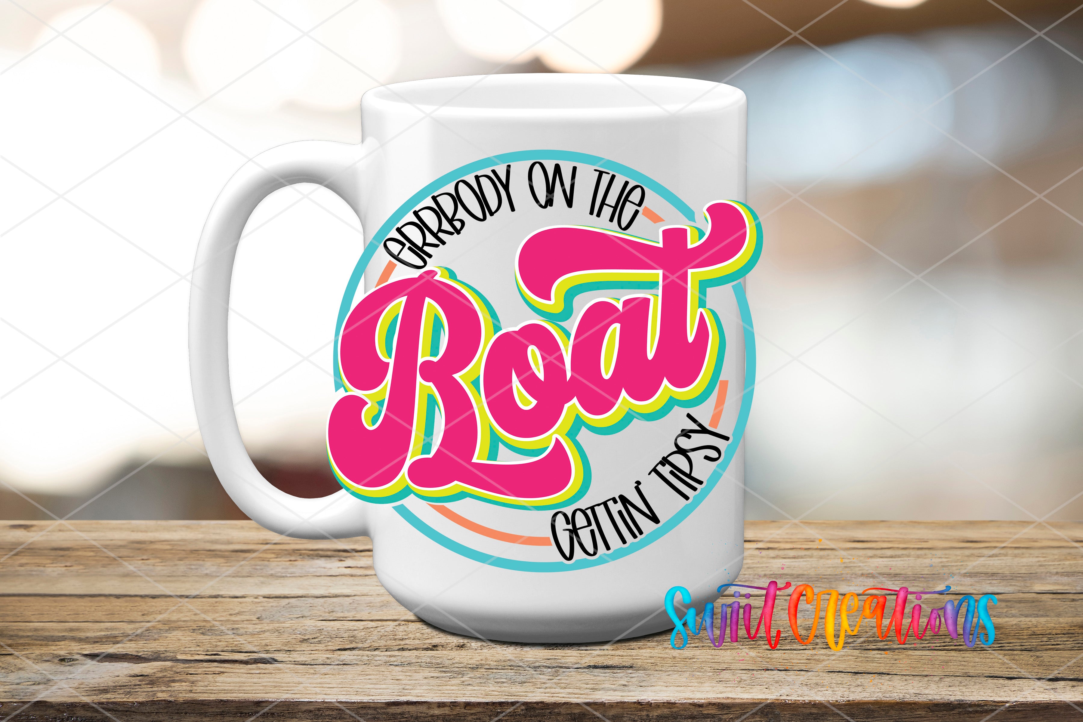 A white mug with a colorful graphic design featuring the text "GRRBOY ON THE ROOF" and "GETtin Tipsy" on it, placed on a wooden surface.