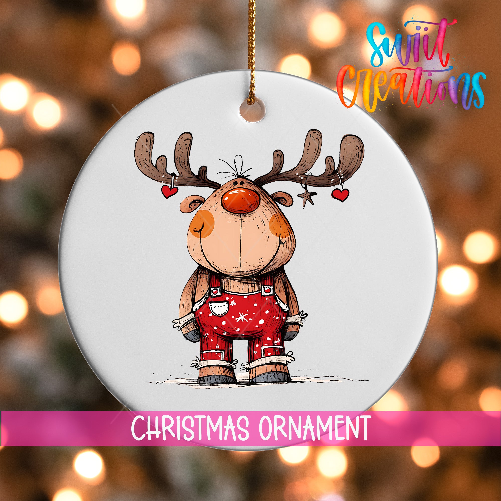 A white Christmas ornament featuring a cartoon reindeer wearing overalls and antlers, with a heart-shaped earring on its ear.