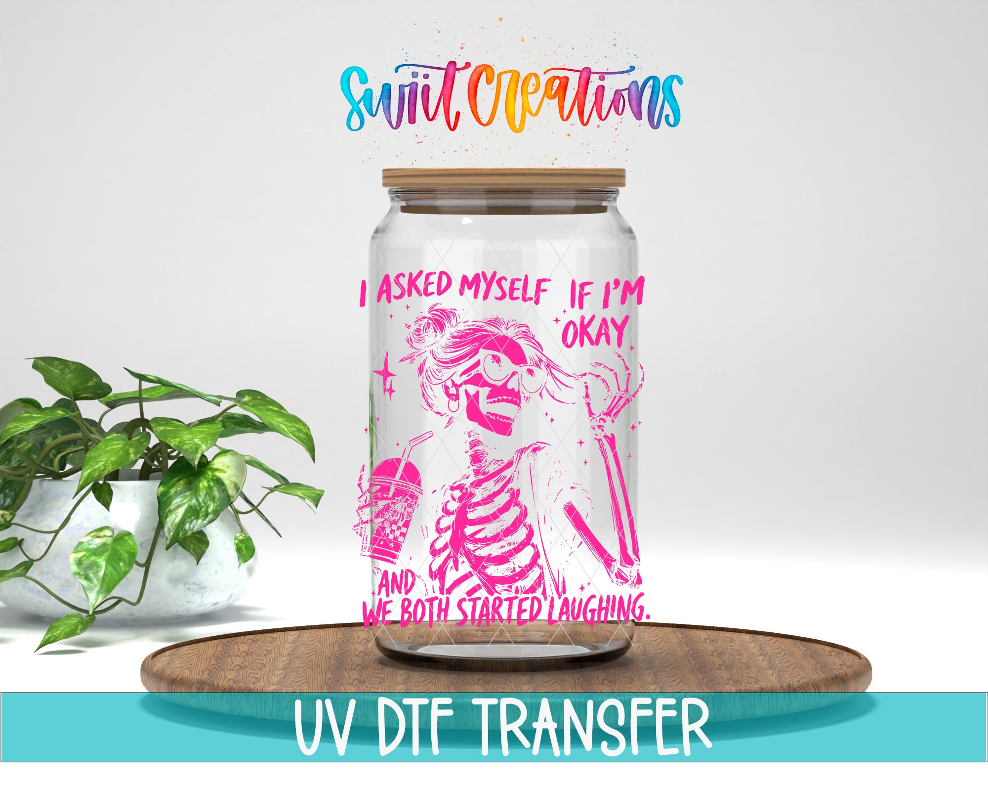 a glass jar with a skeleton design and text printed on it, placed on a wooden surface.