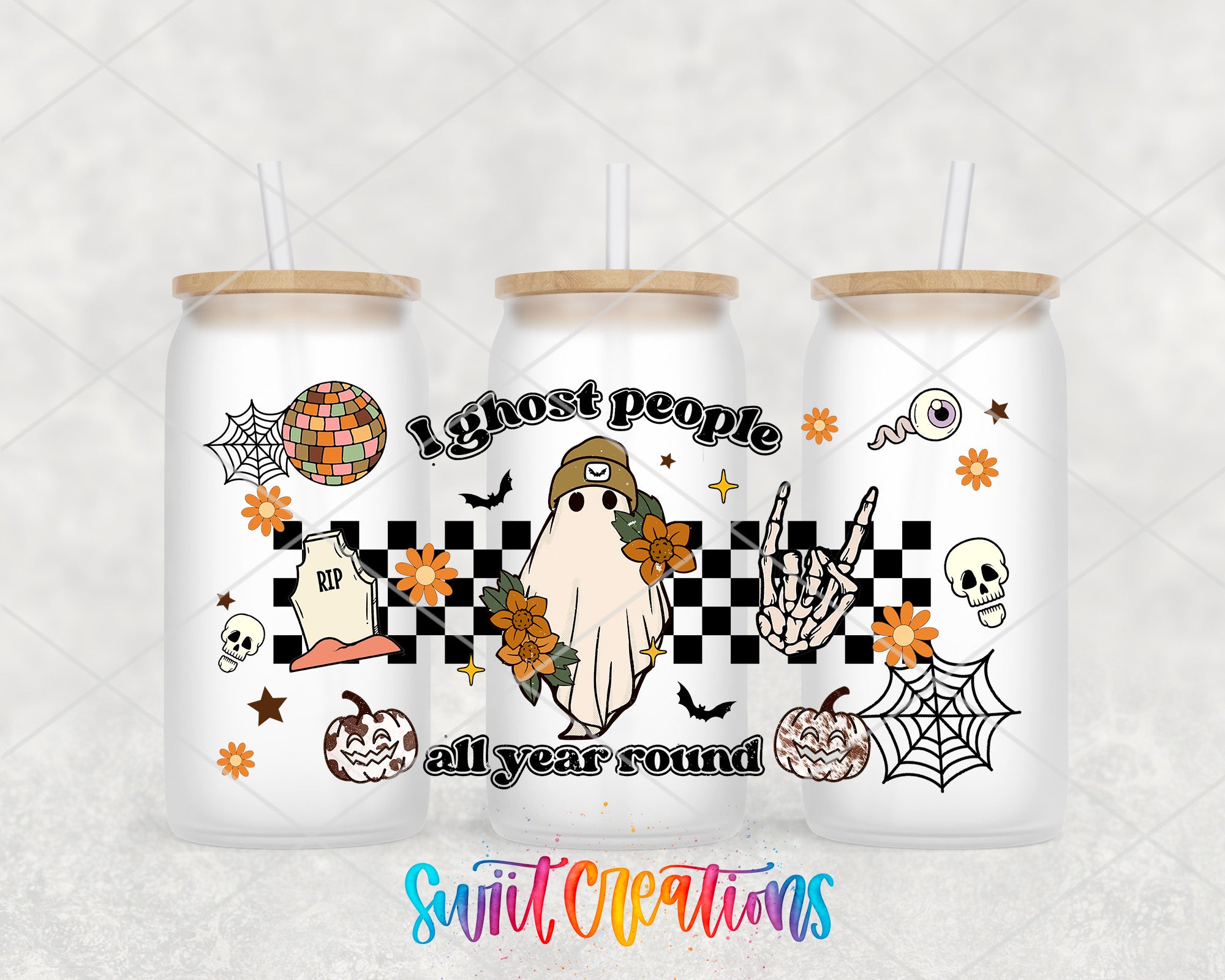 A triptych of Halloween-themed drink tumblers, each featuring a different design element such as a ghost, skeleton, spider, pumpkin, and flowers. The text on the tumblers reads "Lghost people all year round".