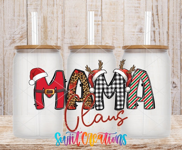two christmas mugs with the word mama claus on them