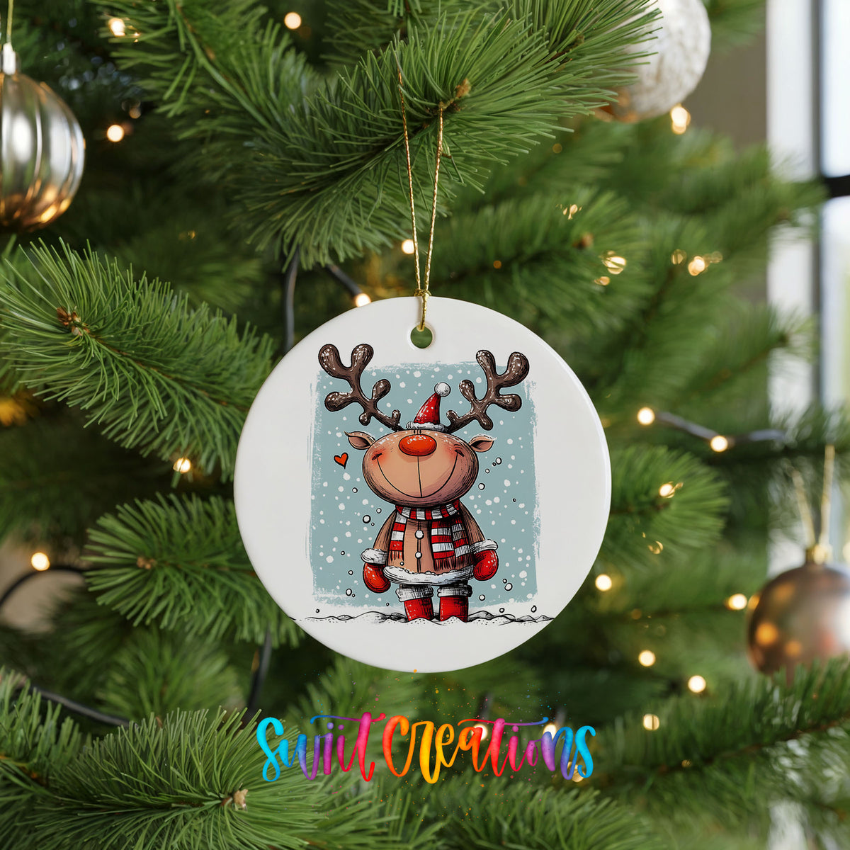 A white ceramic ornament featuring a cartoon reindeer with antlers is hanging on a Christmas tree.