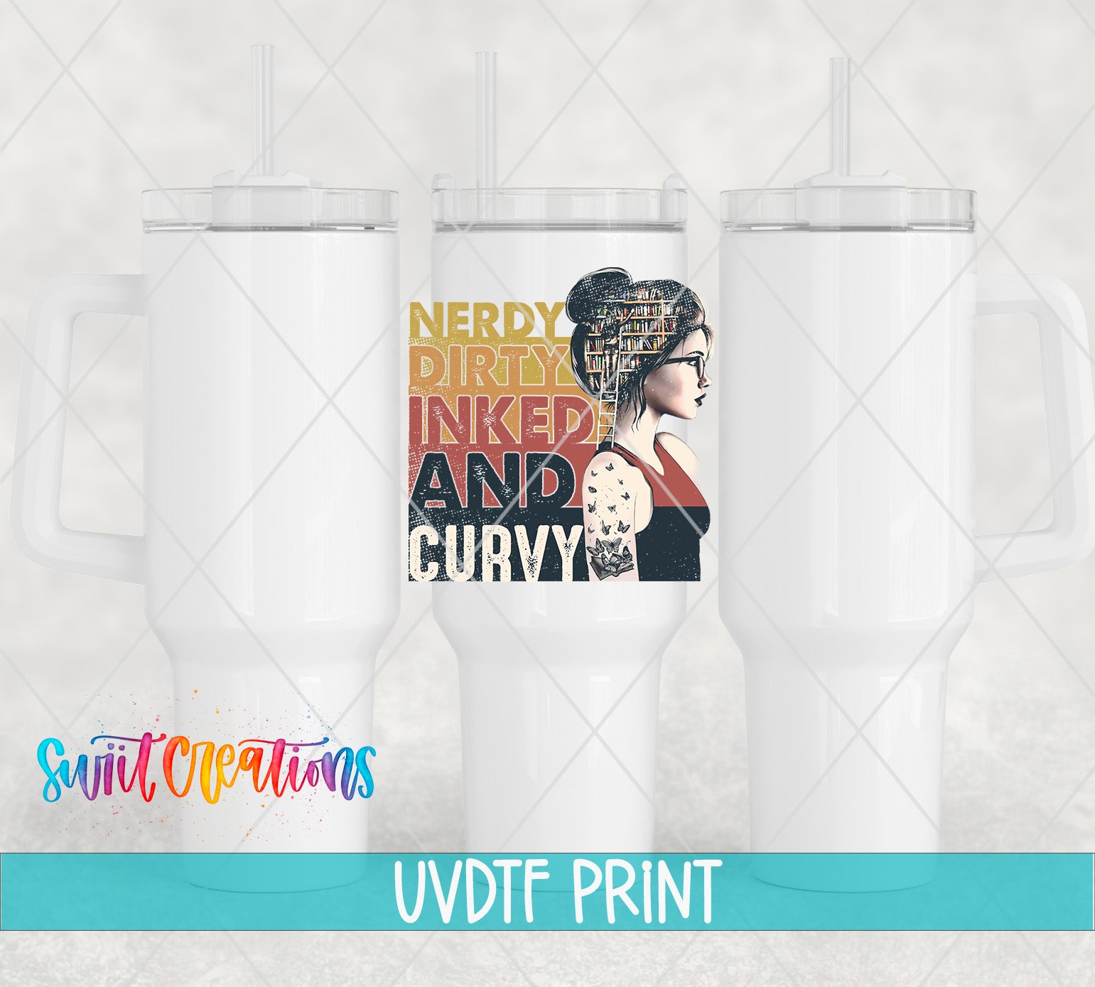 a white ceramic mug with a printed design on it, including text and an illustration of a woman's face.