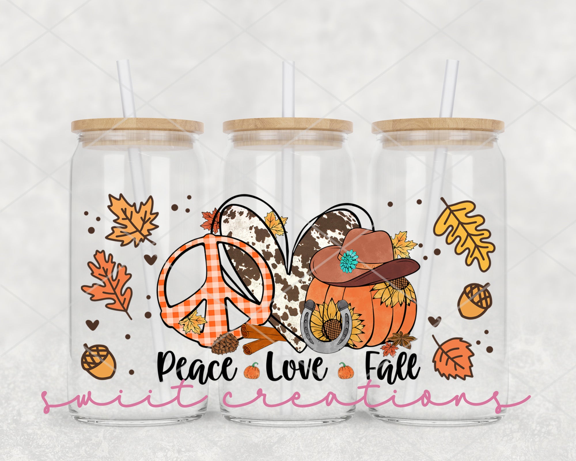 two clear tumblers with a peace love fall design