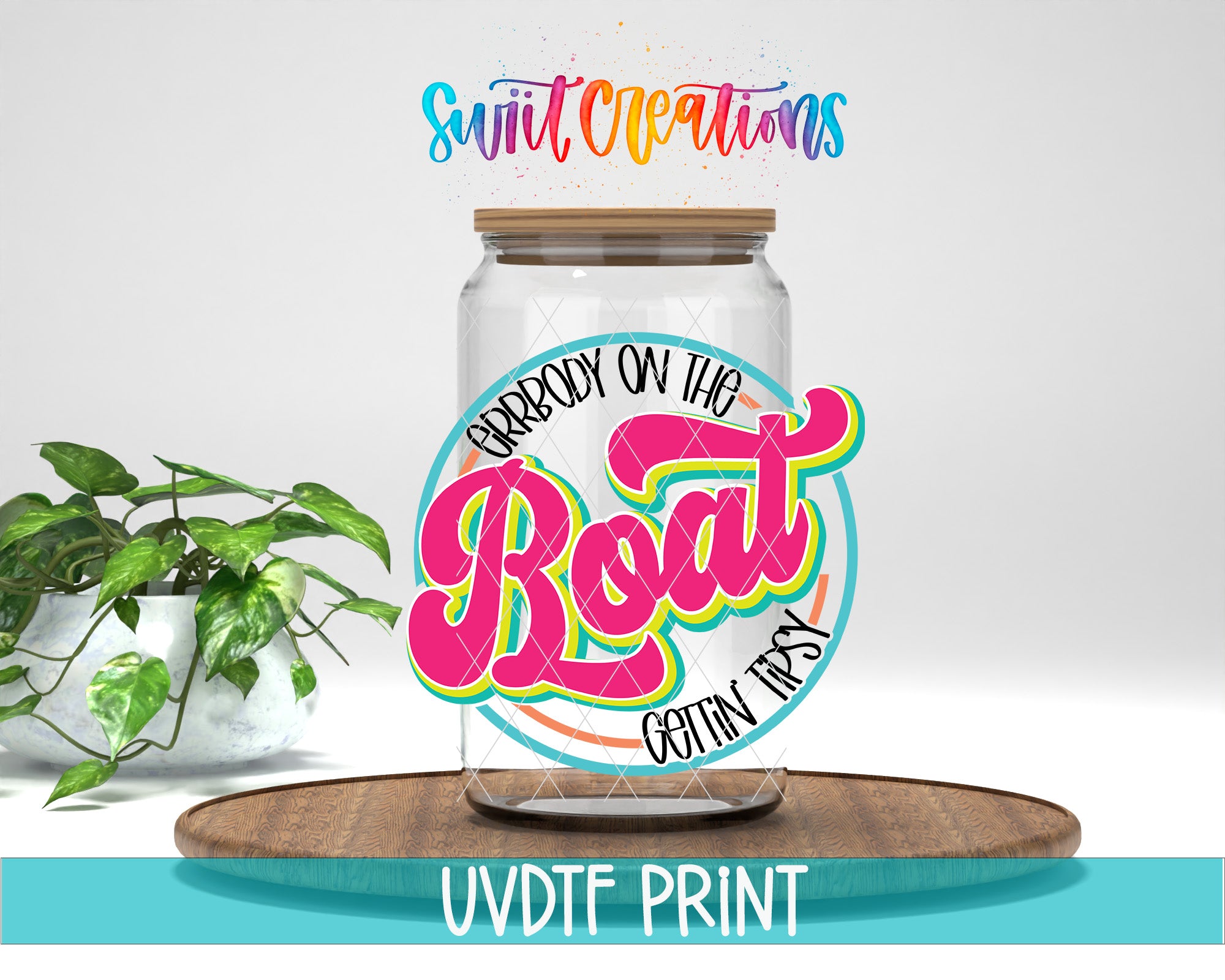 a glass jar with a label that says "GIRRBOY ON THE ROAT GETtinFIRsy" in a colorful, artistic font. The jar is placed on a wooden surface, and there is a potted plant in the background.