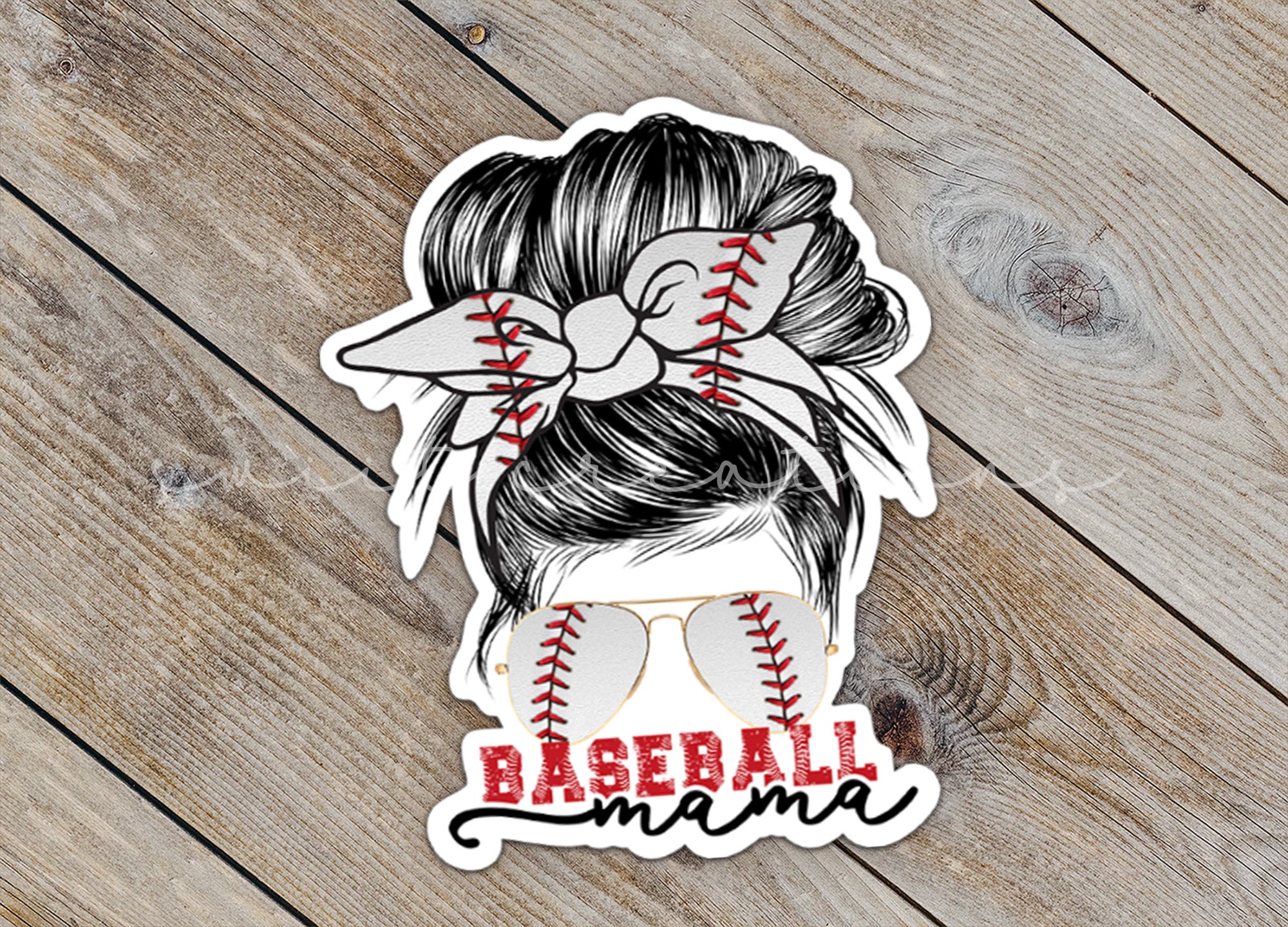 a sticker of a girl with a baseball in her hair