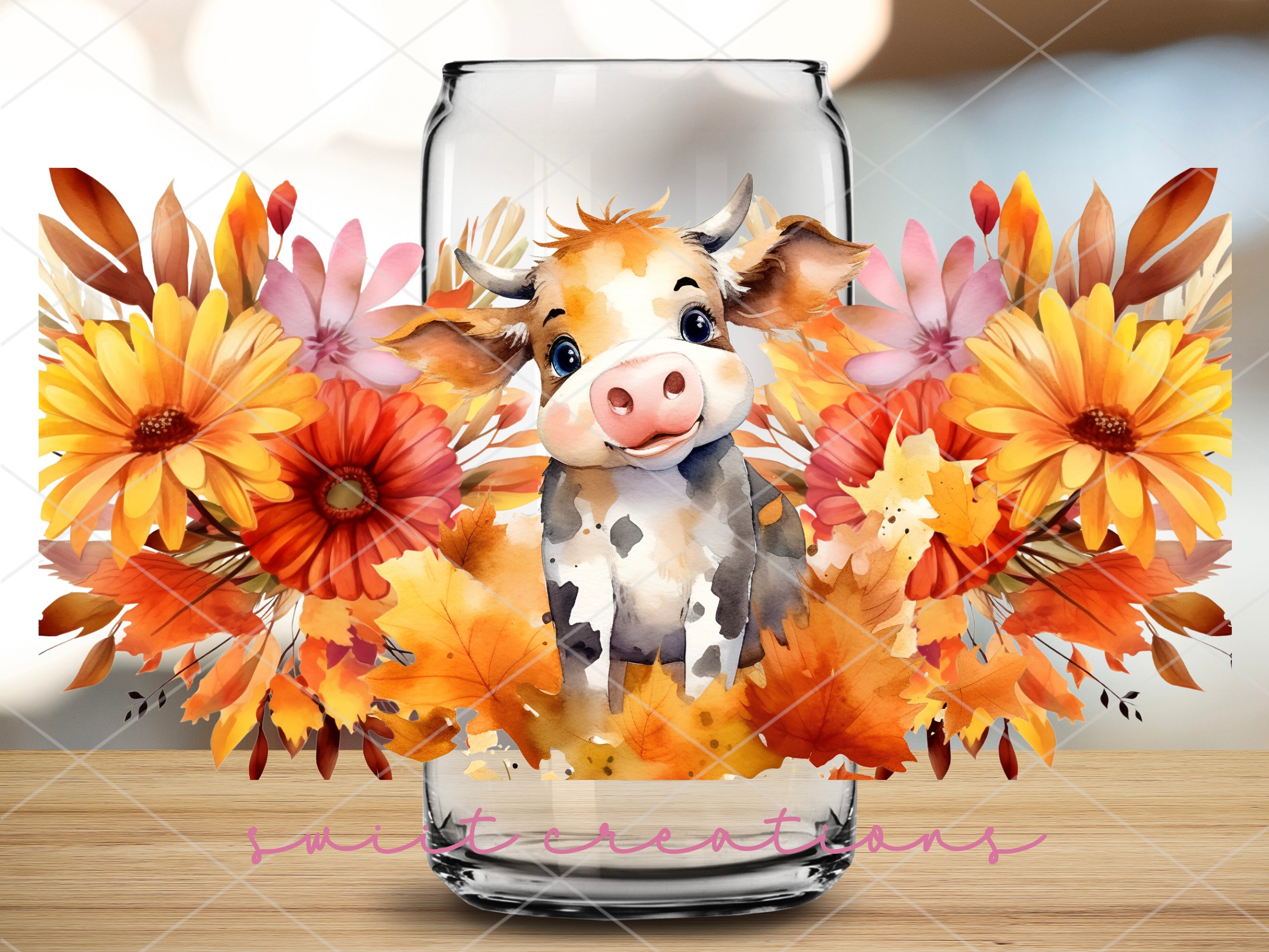 a watercolor painting of a cow surrounded by flowers