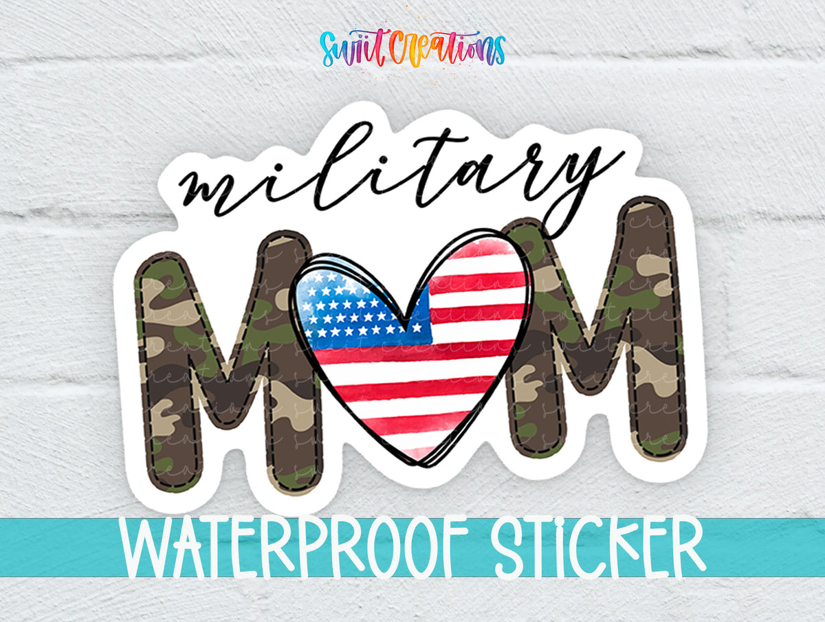 Military Mom sticker on a white brick background with a waterproof sticker banner
