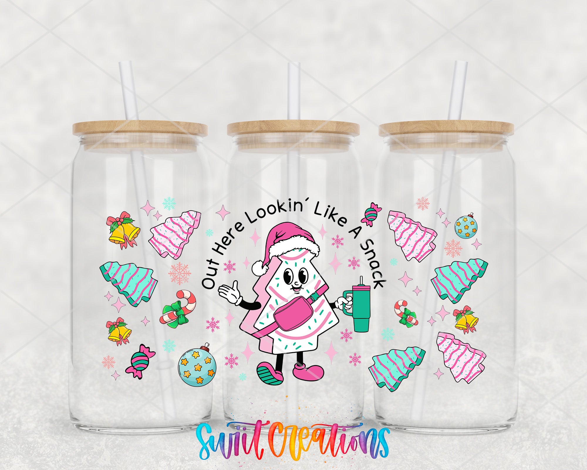A collage of three glass tumblers with a cartoon character wearing a Santa hat and holding a cup, surrounded by Christmas-themed illustrations such as snowflakes, pine trees, and candy canes.