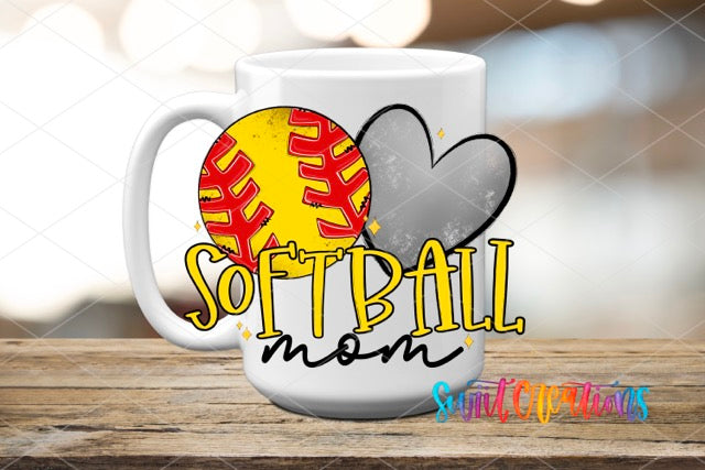 a coffee mug with a softball and heart on it
