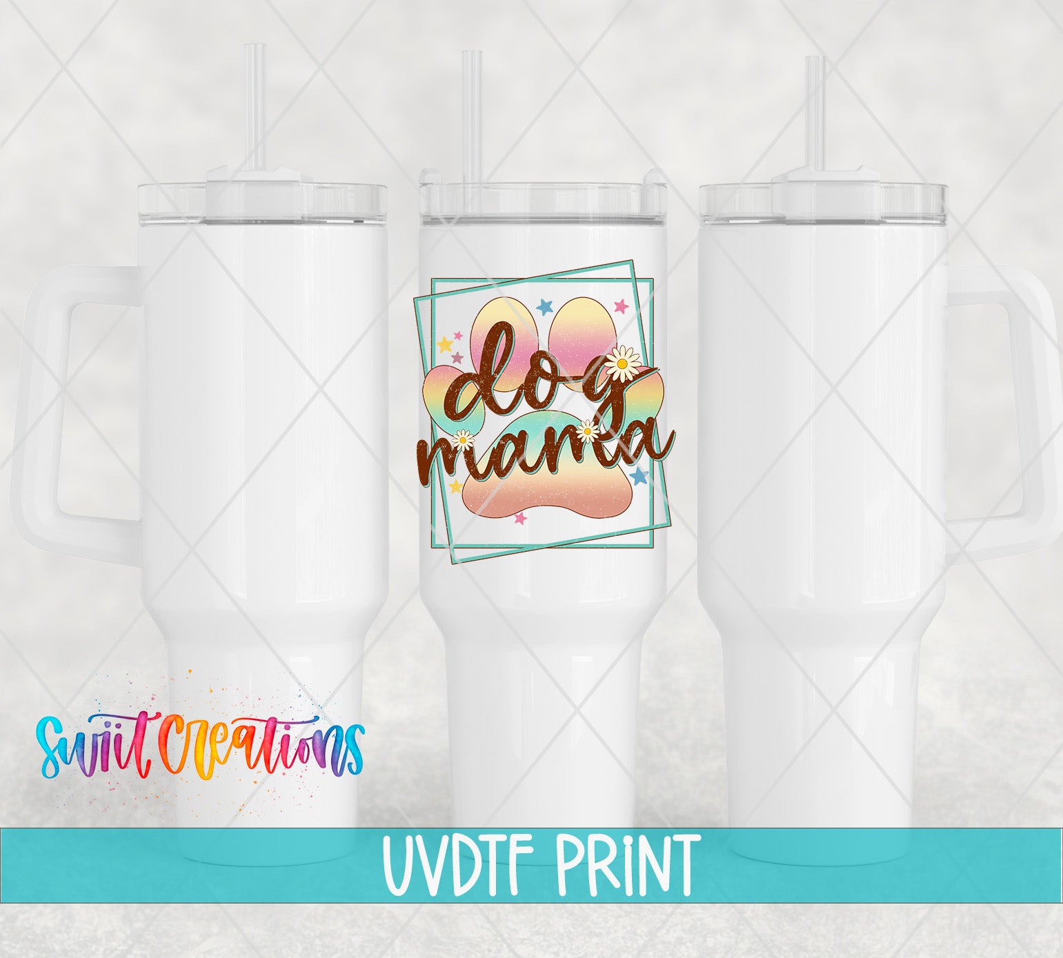 three white tumblers with a colorful graphic design on the front, including a dog paw and the text "dog mama".