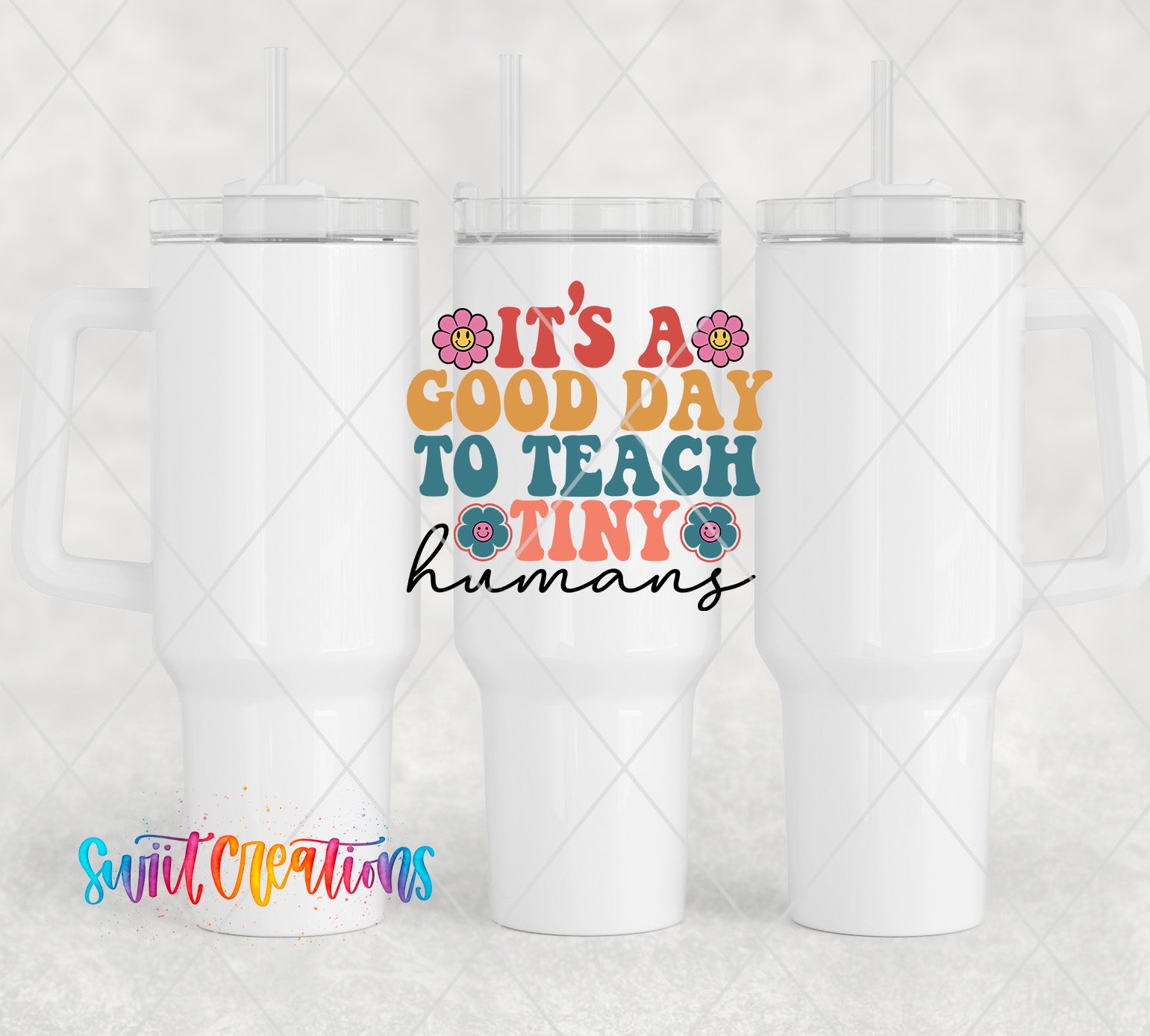three white coffee mugs with colorful lettering on them