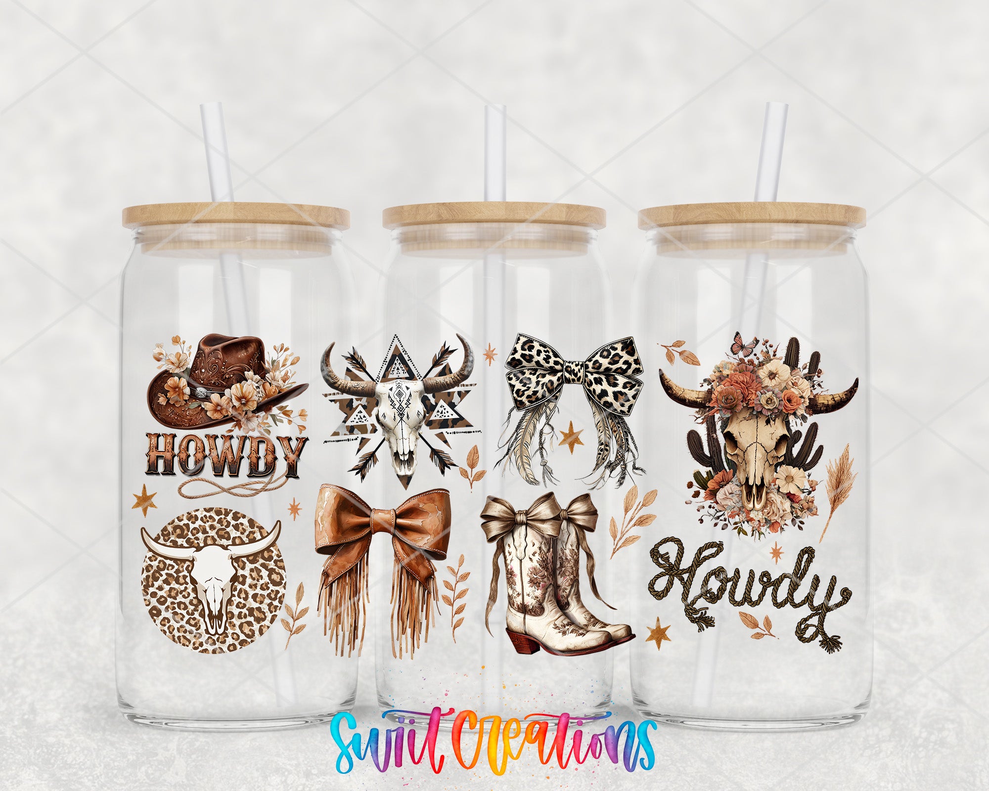Three glass tumblers with wooden lids, each featuring a different design related to the theme of "Howdy". The designs include a cowboy hat, a bow, a skull, a flower, and a pair of boots.