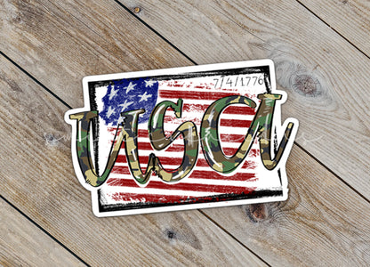 Close-up of the USA Camo sticker on rustic wood
