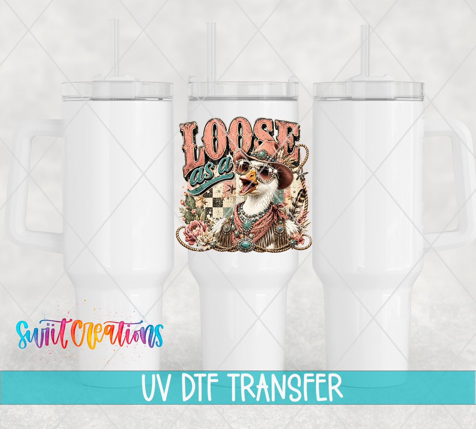 a white ceramic mug with a colorful and whimsical design, including a bird-like character and floral elements. The mug is placed against a light background, and there is text at the bottom of the image that reads "UV Dtf Transfer".