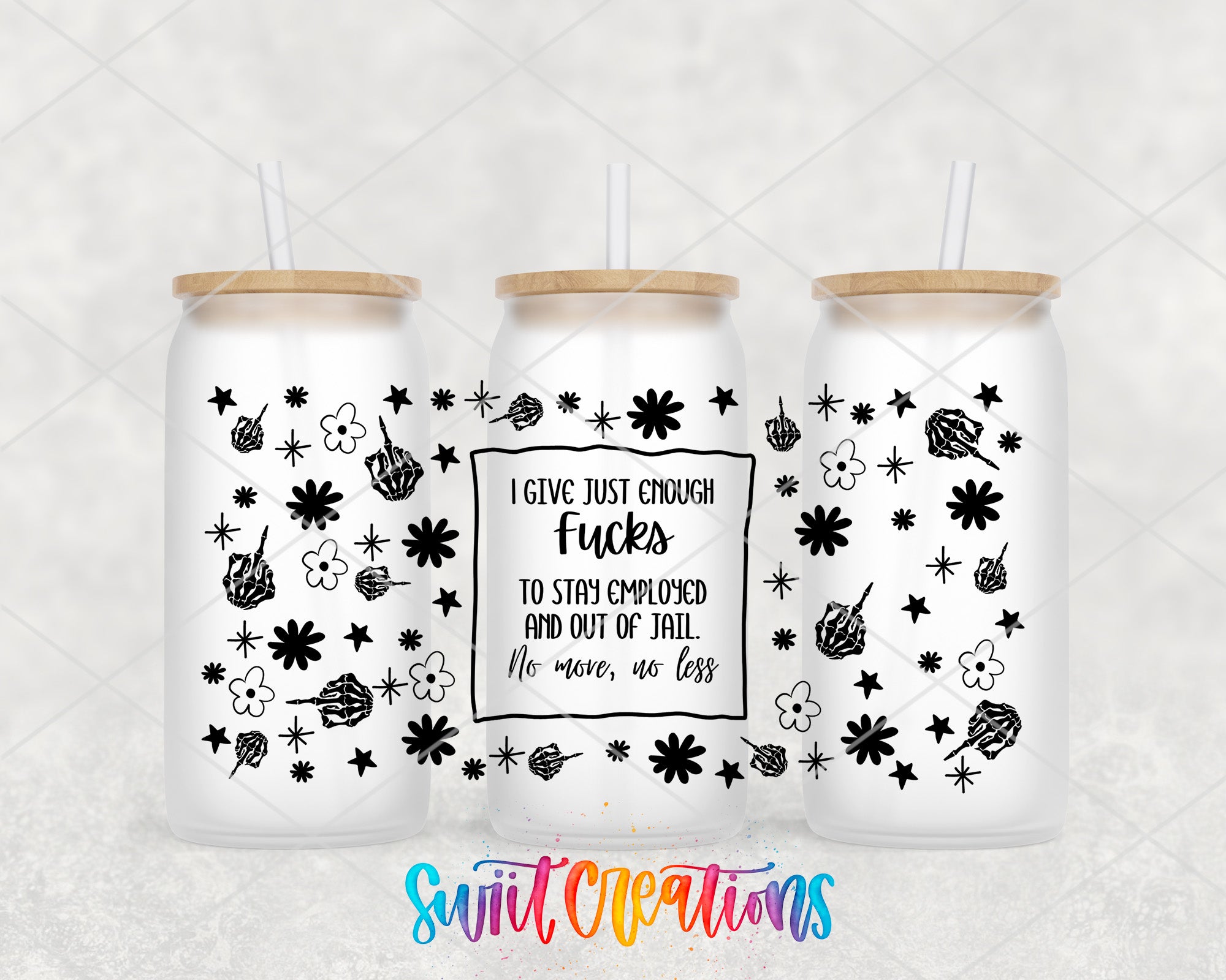 three white tumblers with black designs and text on them.