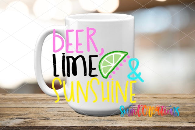 a white coffee mug with the words beer lime and sunshine on it