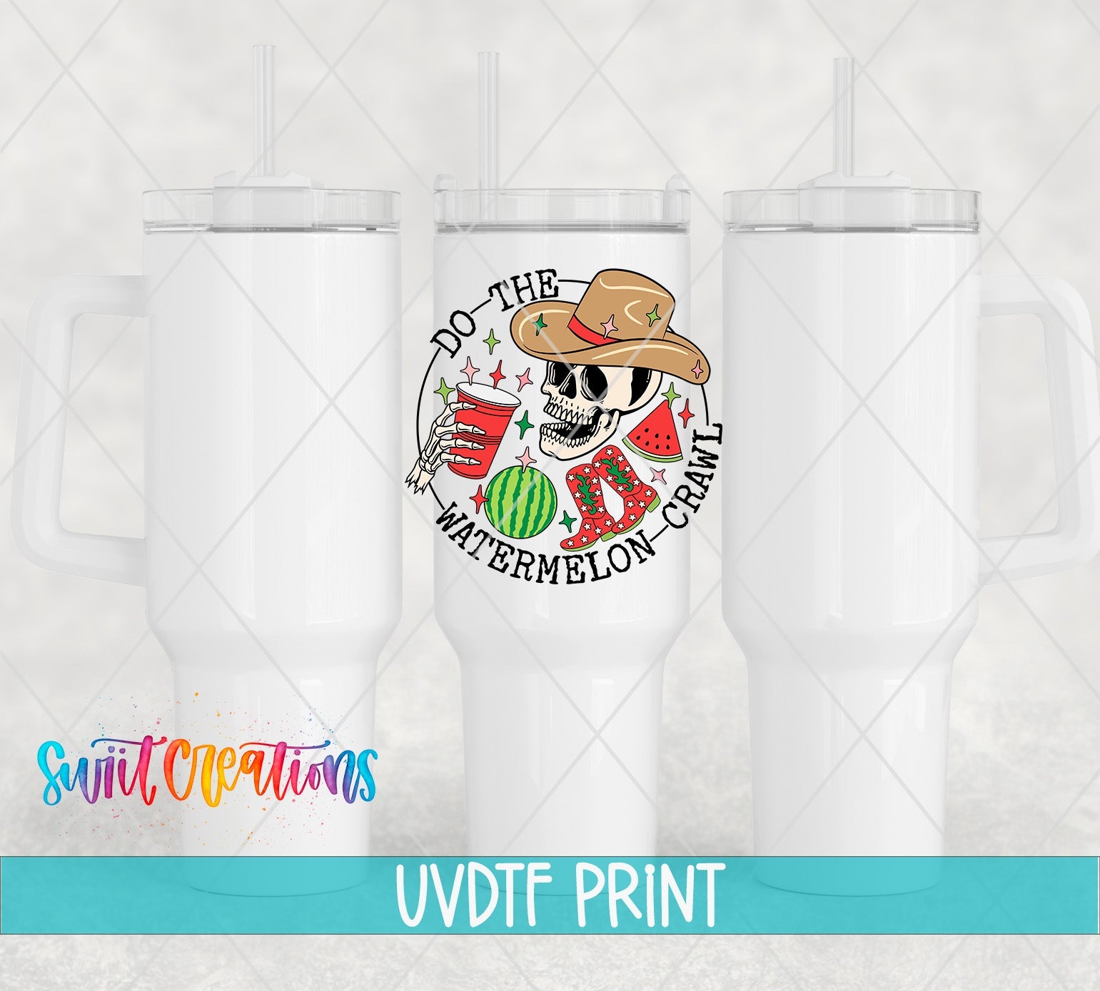a set of three white tumblers with a cowboy hat on them