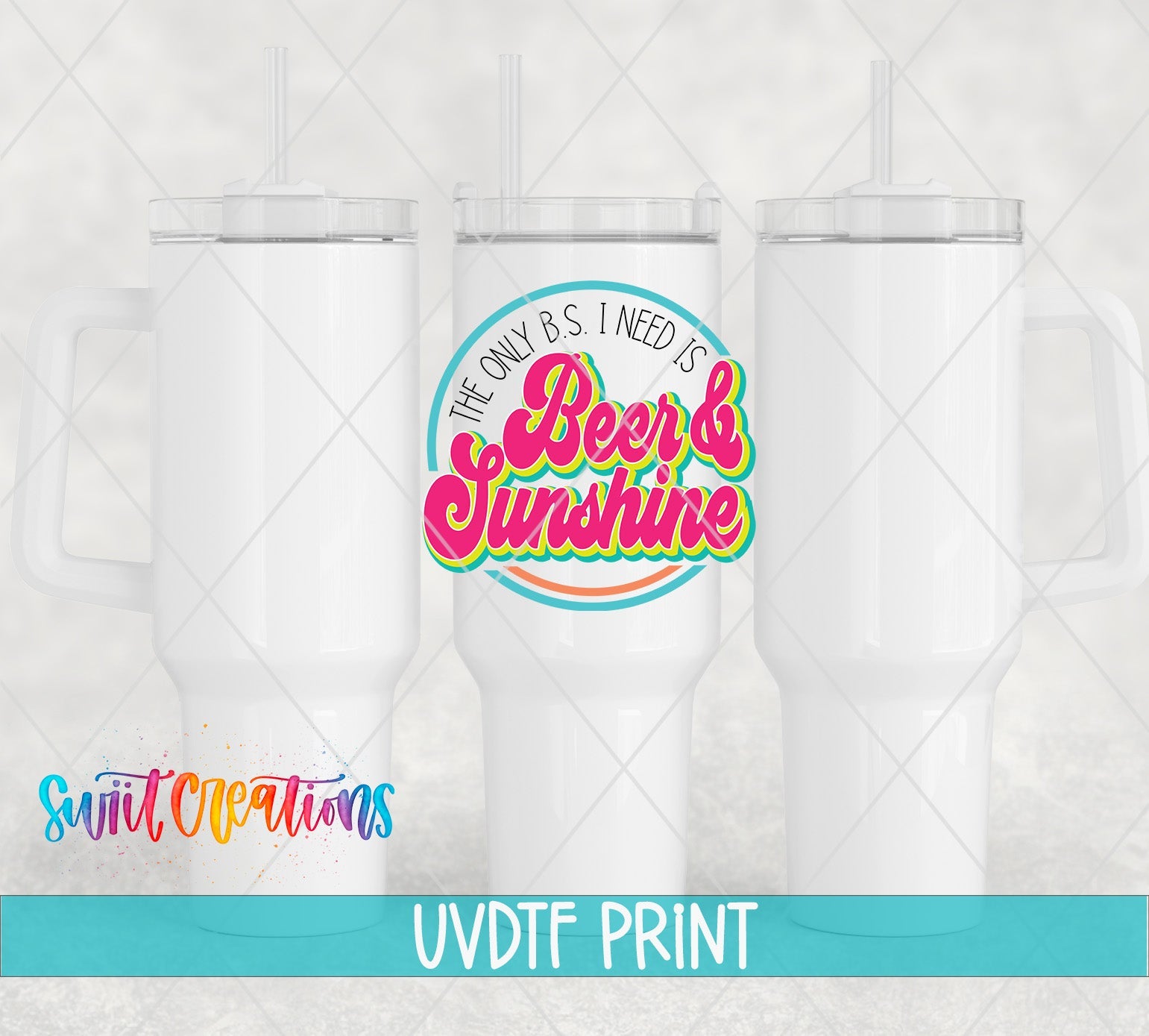 three white tumblers with the words beer and sunshine on them