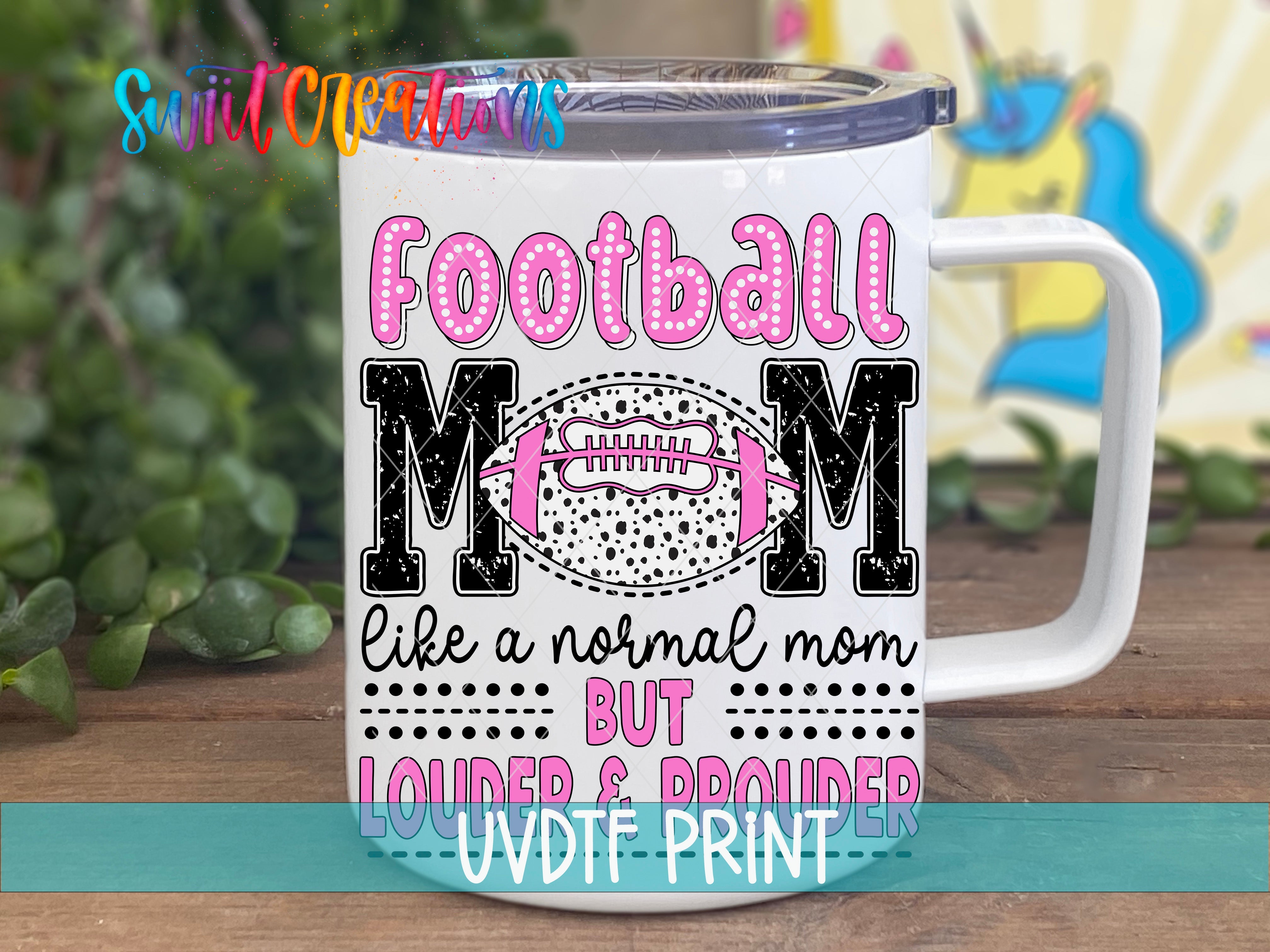a white coffee mug with a football mom on it