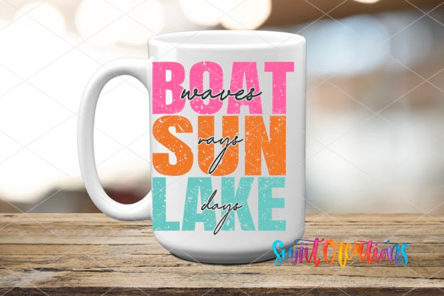 a white coffee mug with the words boat, sun, and lake on it