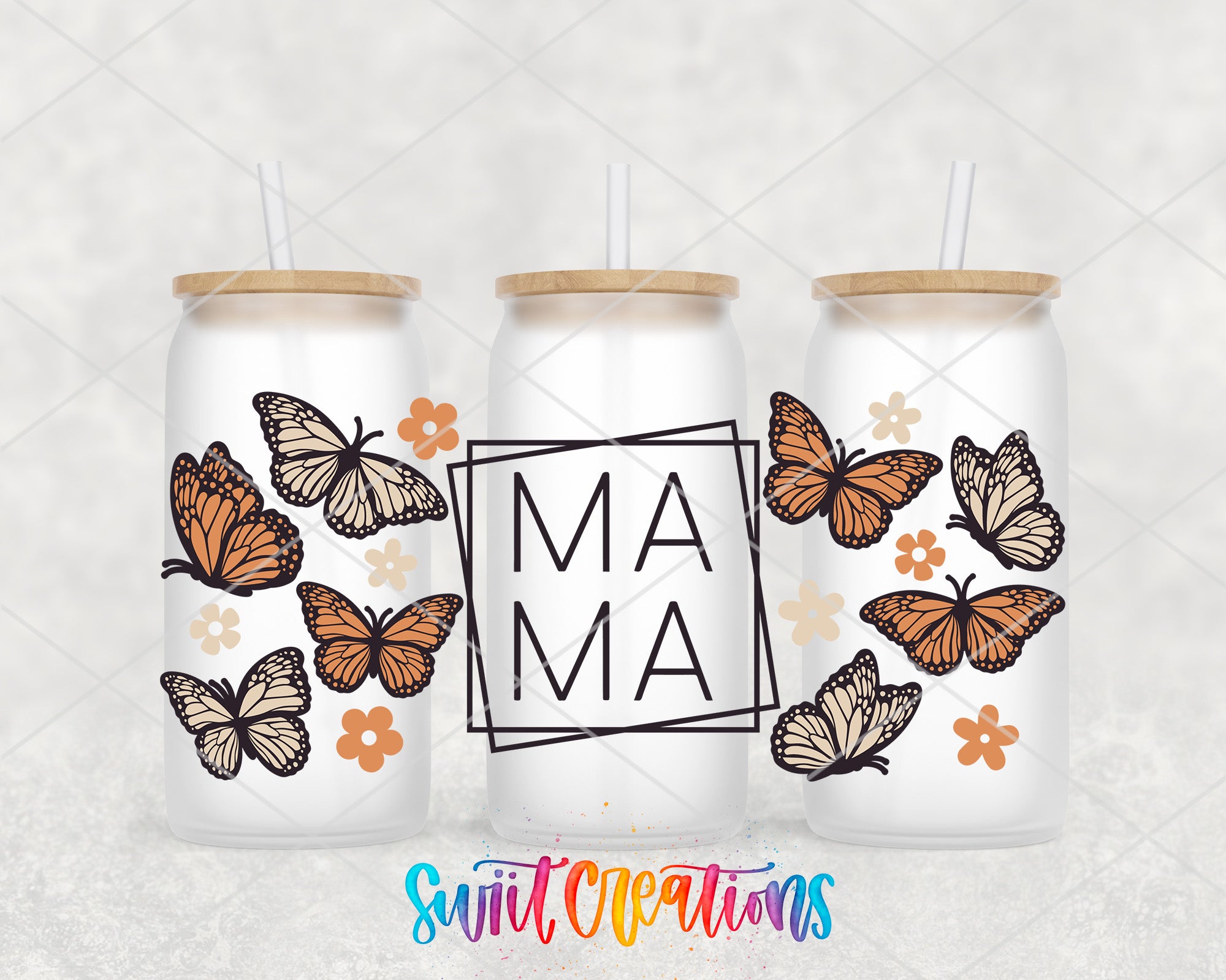 three glass jars with butterfly designs and the word "Mama" printed on them.