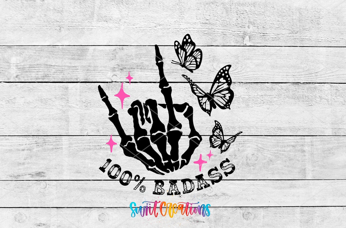 100% Bada*s UV DTF transfer artwork on a white wood background