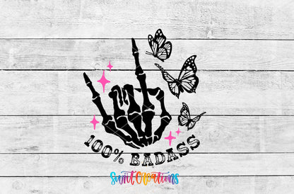 100% Bada*s UV DTF transfer artwork on a white wood background