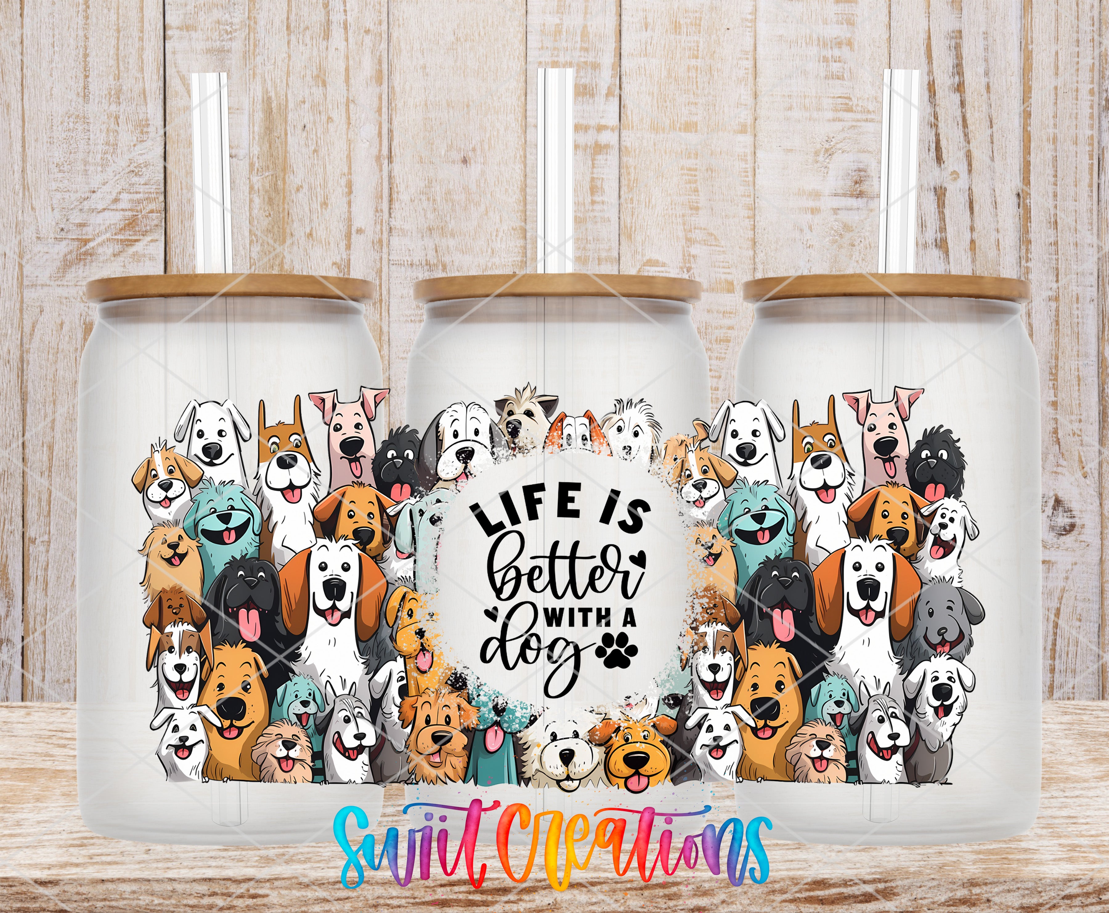 A collage of various dog illustrations, including different breeds and sizes, arranged in a circular pattern. The text "Life is better with a dog" is displayed in the center of the image.
