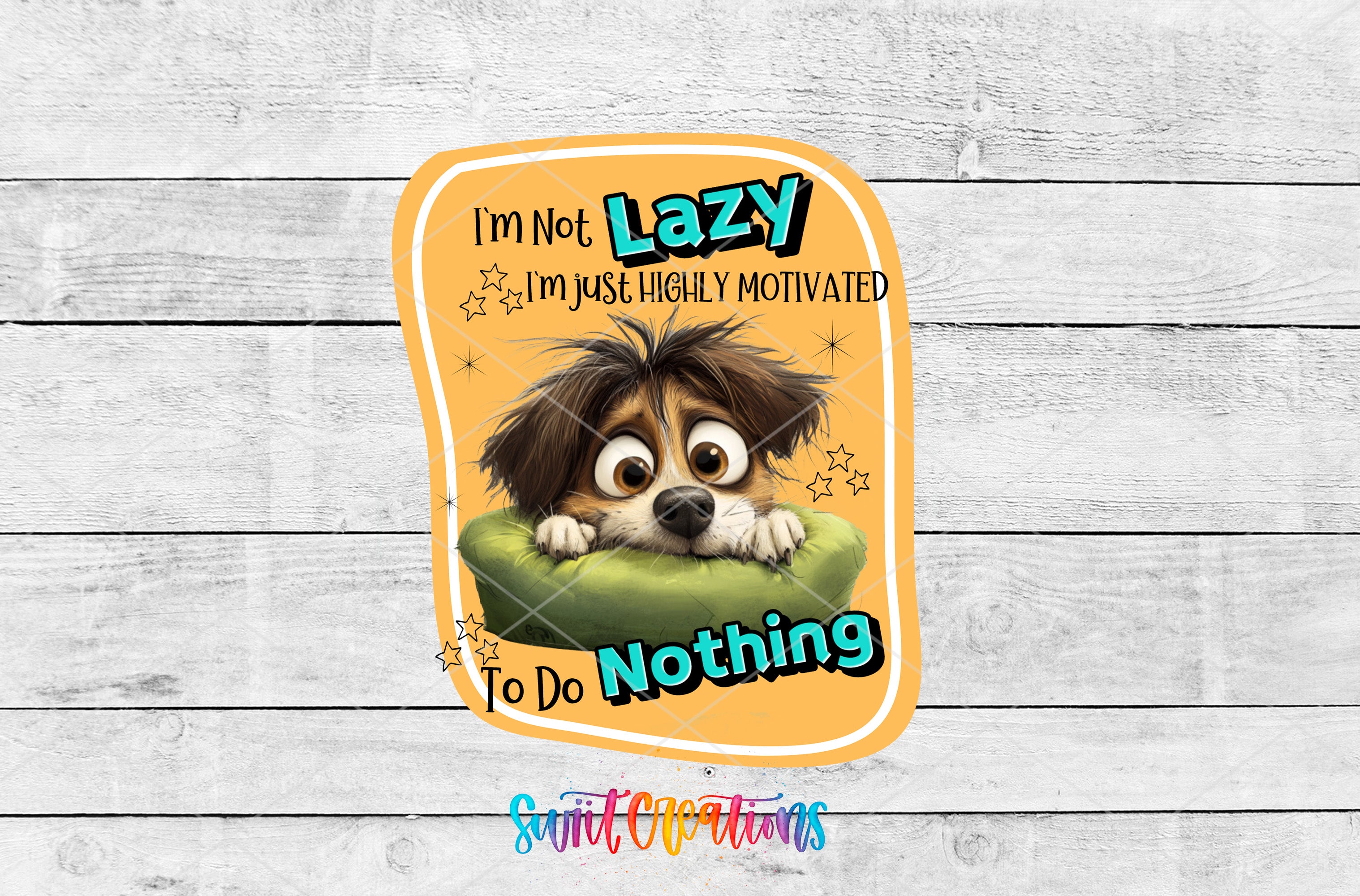 a cartoon dog with a comical expression, sitting on a green cushion and looking directly at the camera.