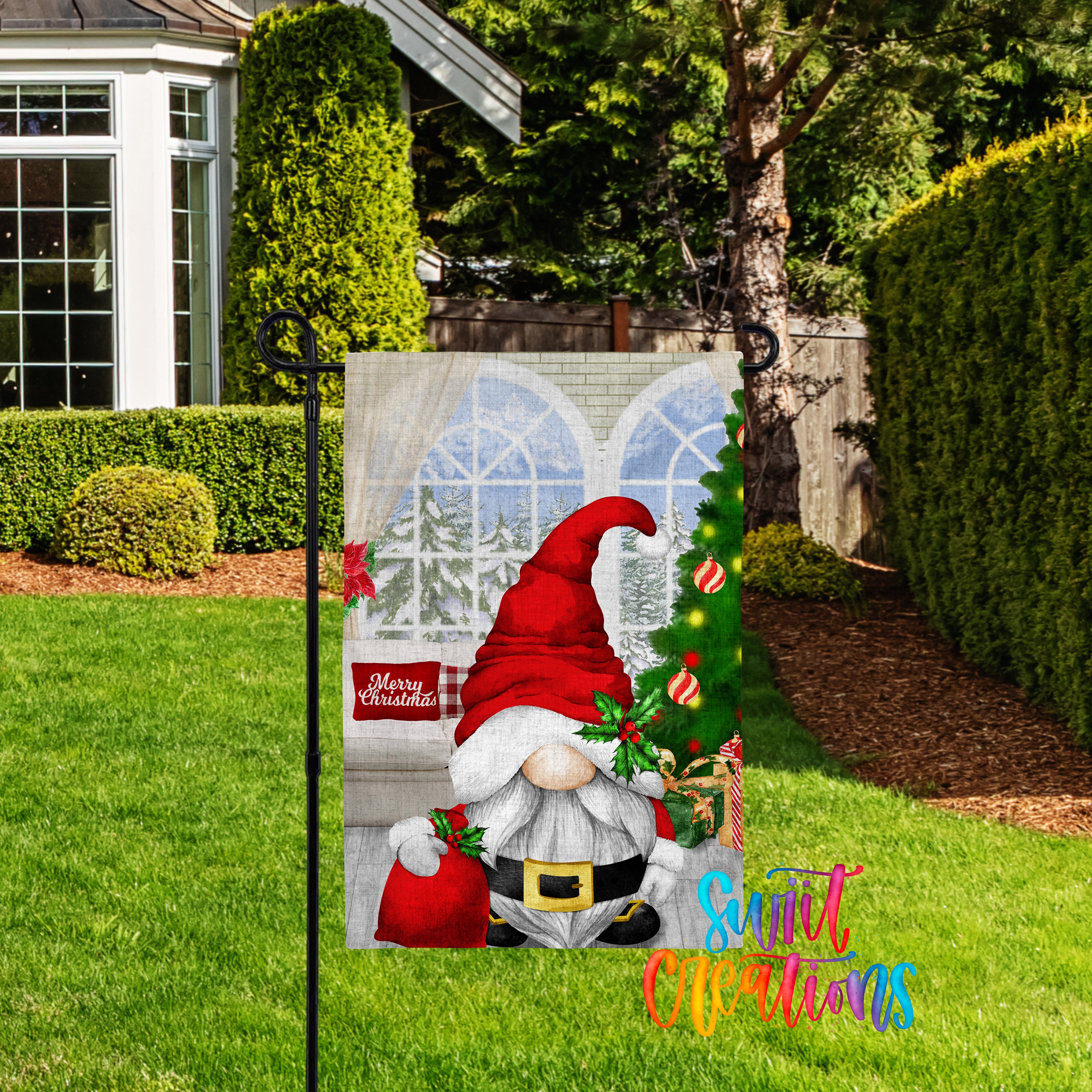A yard sign featuring a gnome wearing a Santa hat and holding a Christmas tree, with a "Merry Christmas" greeting.