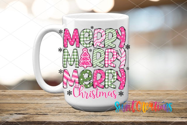 a white coffee mug with merry merry christmas lettering