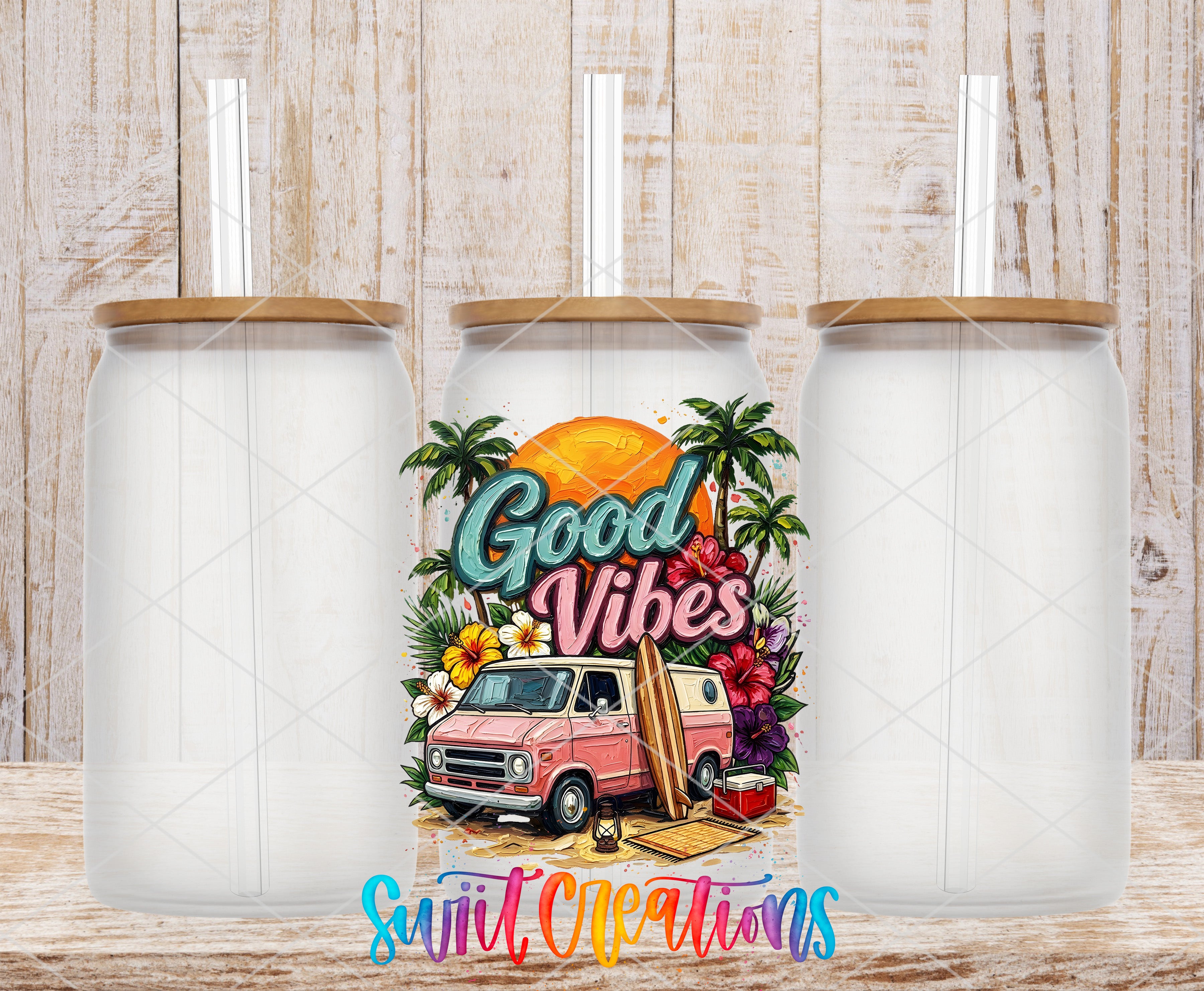 three clear glass jars with straws, each containing a colorful illustration of a van surrounded by tropical elements such as palm trees, flowers, and a sun. The text "Good Vibes" is prominently displayed on the jar, and the phrase "Swift Creations" is written below the illustration.