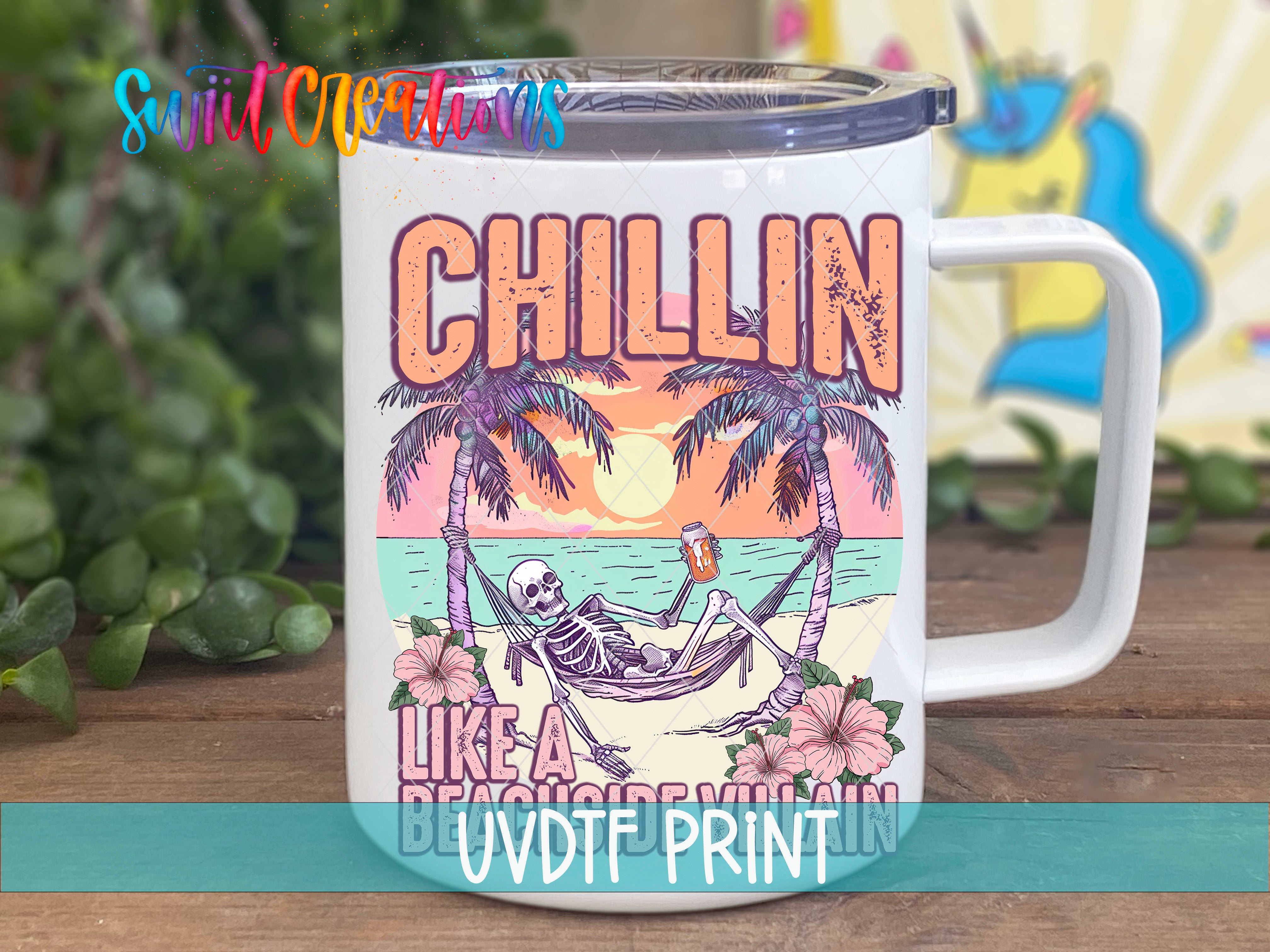 a white coffee mug with a picture of a skeleton in a hammock on