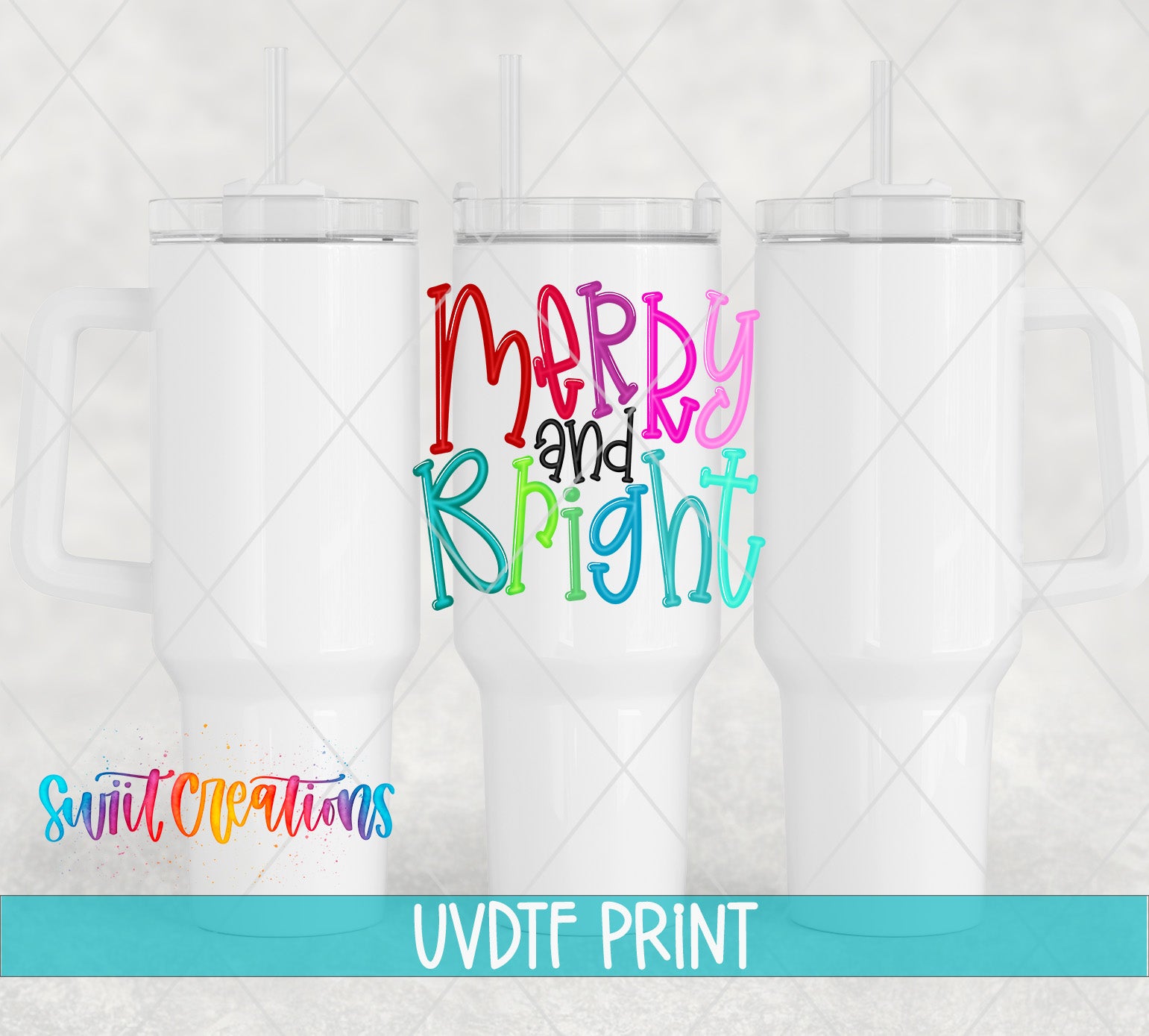 three white coffee mugs with merry and bright designs