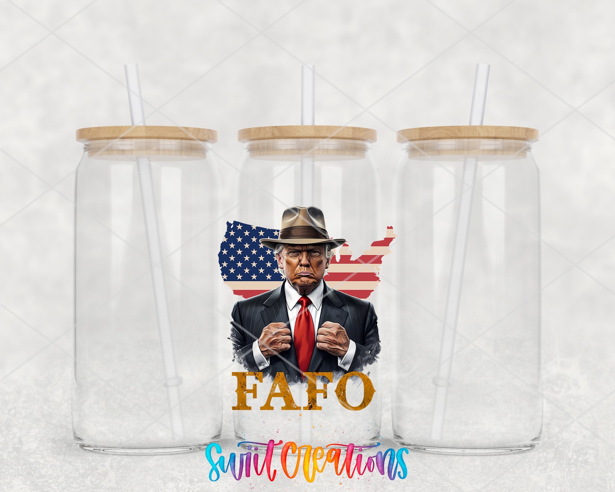 two plastic cups with a picture of a man in a suit and tie