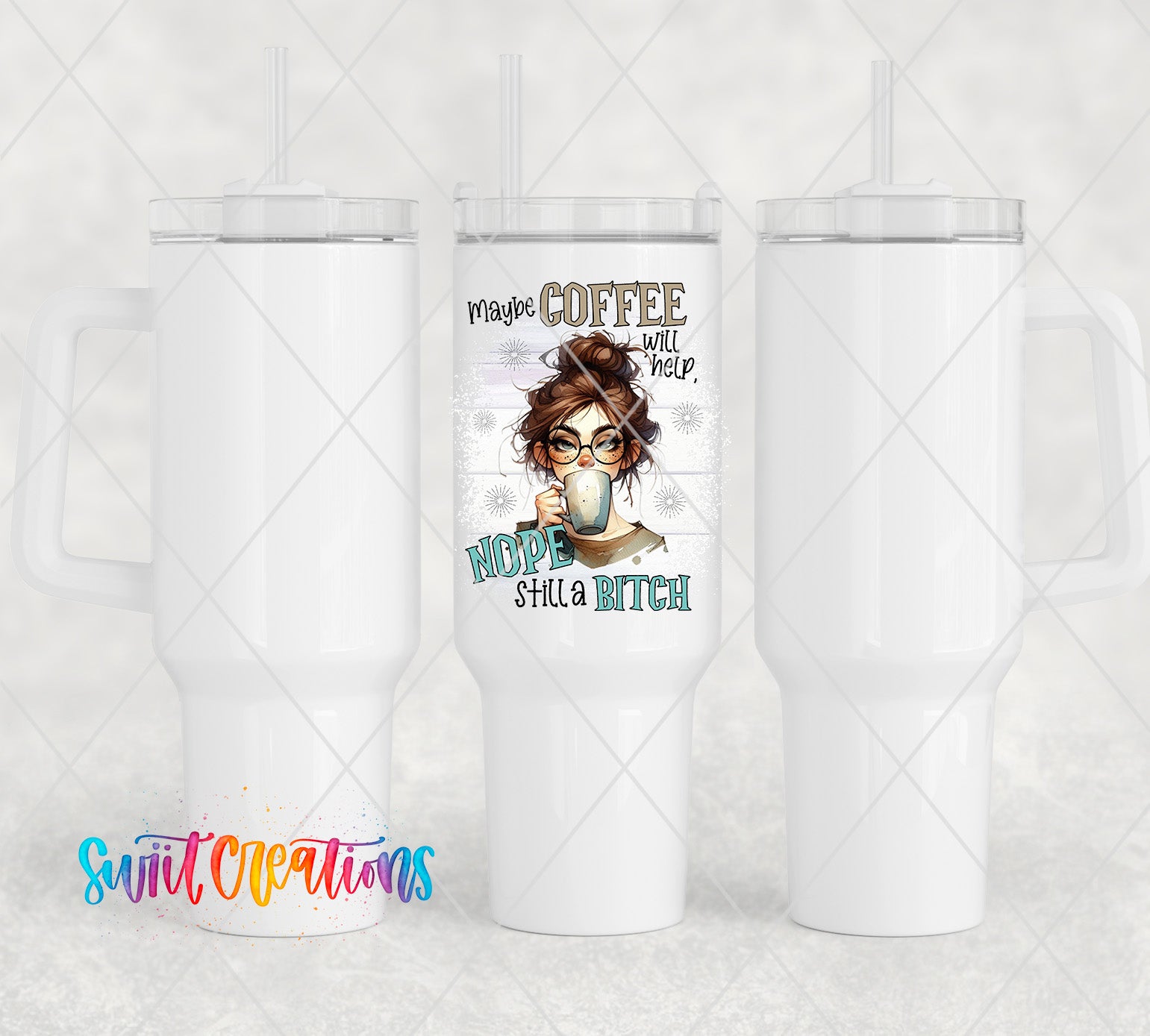 a white coffee cup with a picture of a woman on it