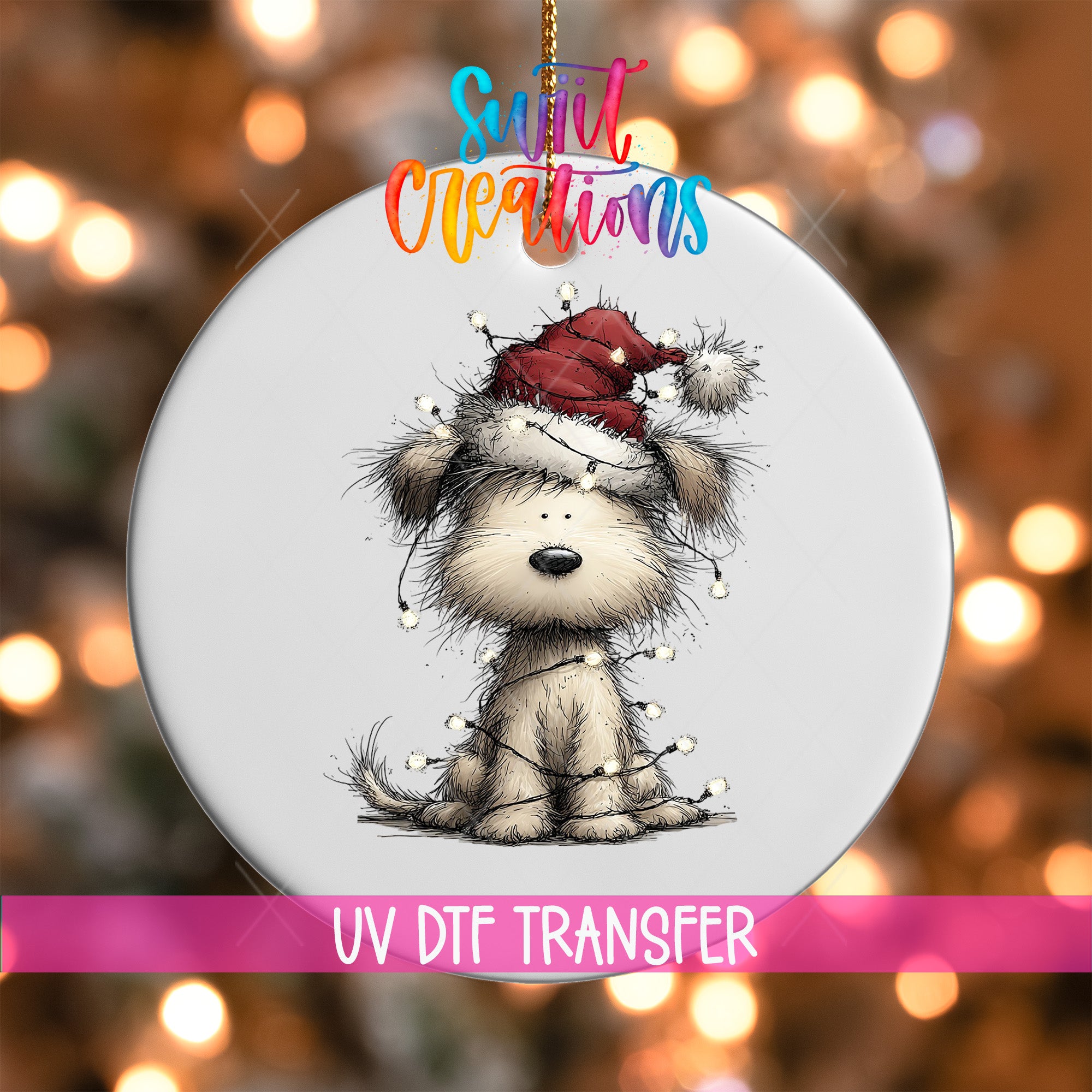 A white ornament with a cartoon image of a dog wearing a Santa hat, surrounded by Christmas lights.