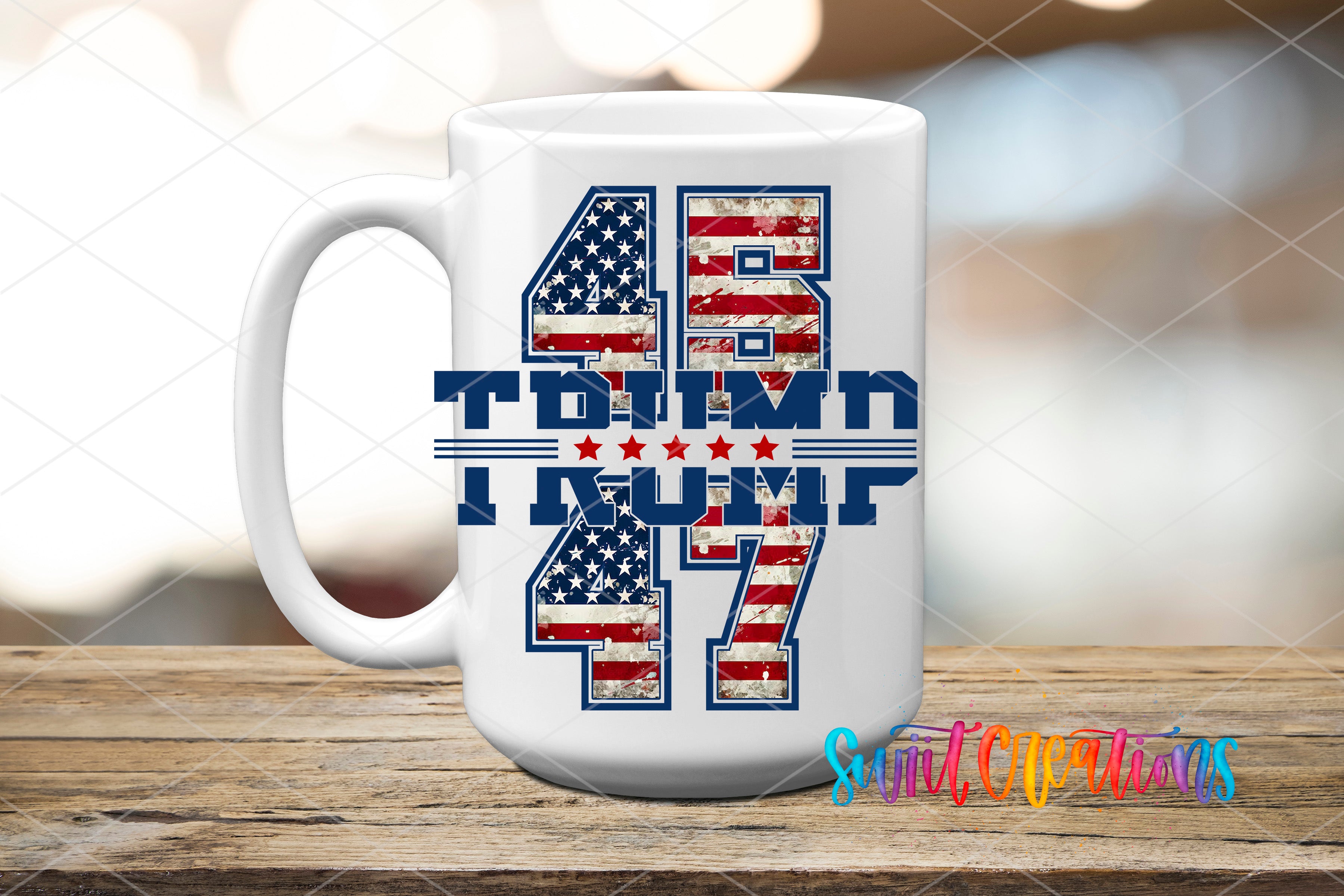 A white mug with the text "48 Trump" and "47 Trump" printed on it, along with an American flag design.
