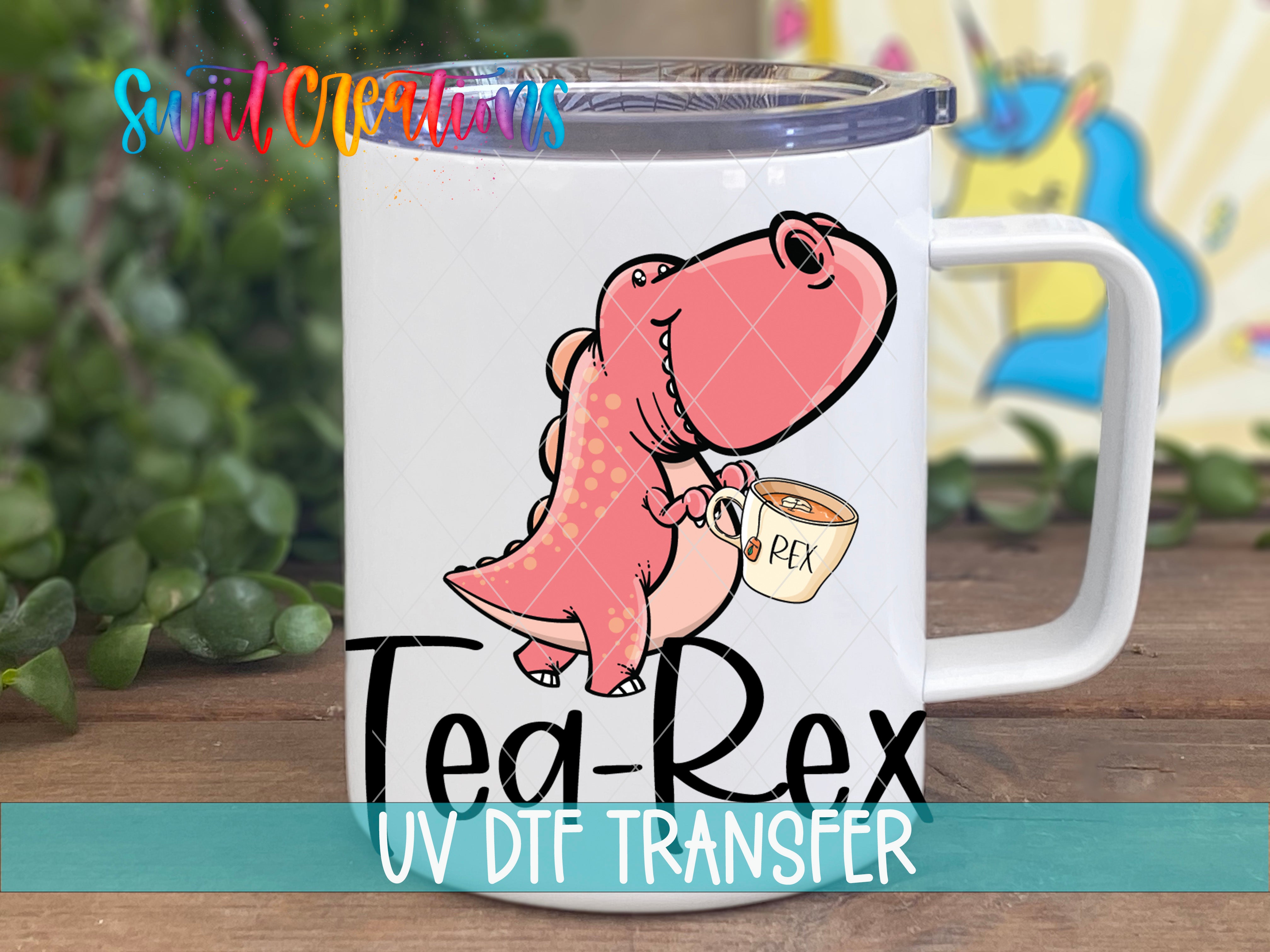 A mug with a cartoon dinosaur holding a cup of tea, with the text "Tea-Rex" printed on it.
